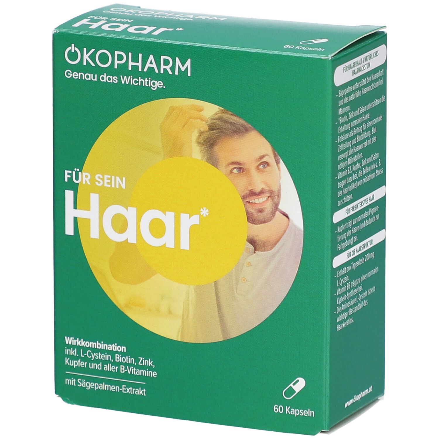 Grüne Schachtel mit Produktnamen und Abbildung eines Mannes. Enthält 60 Kapseln. Text: Für sein Haar, Sägepalmen-Extrakt.