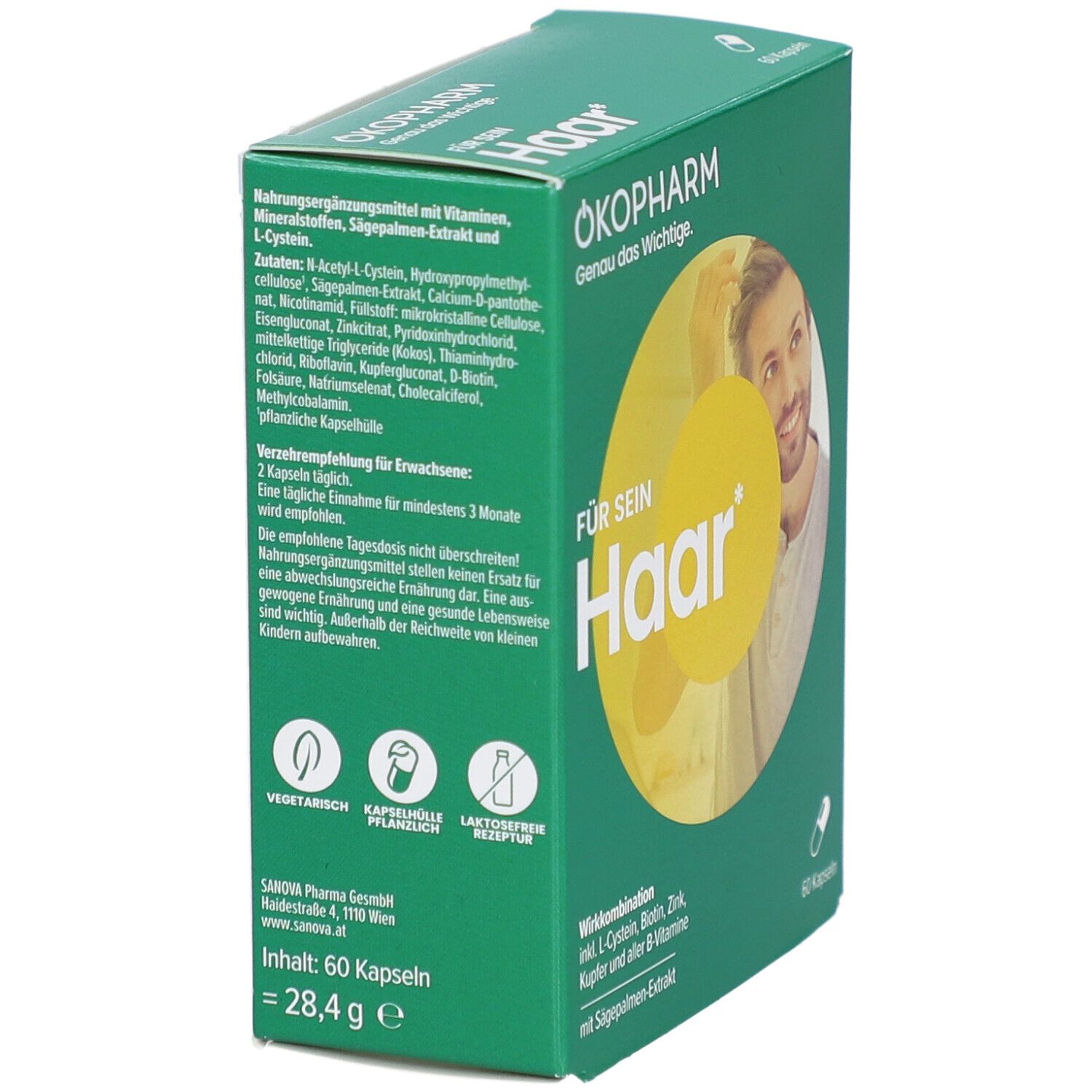 Grüne Schachtel, Produktinformationen und Inhaltsstoffe. Enthält 60 Kapseln. Text: Für sein Haar, 28,4 g, vegetarisch, kapselhülle pflanzlich, laktosefrei.