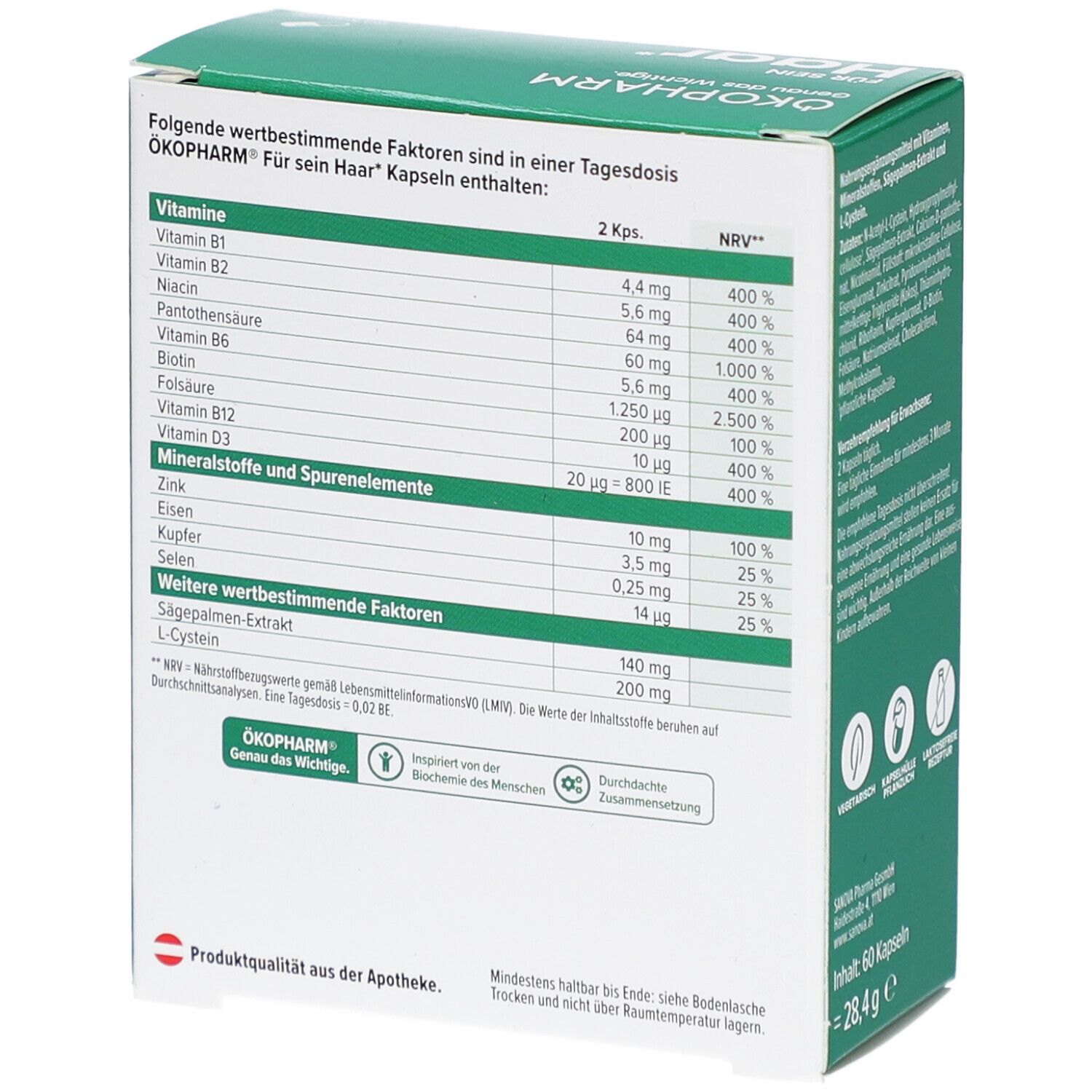 Rückseite der grünen Schachtel mit Nährwertangaben. Text: Für sein Haar, Vitamine, Mineralstoffe, Spurenelemente, Sägepalmen-Extrakt, L-Cystein.