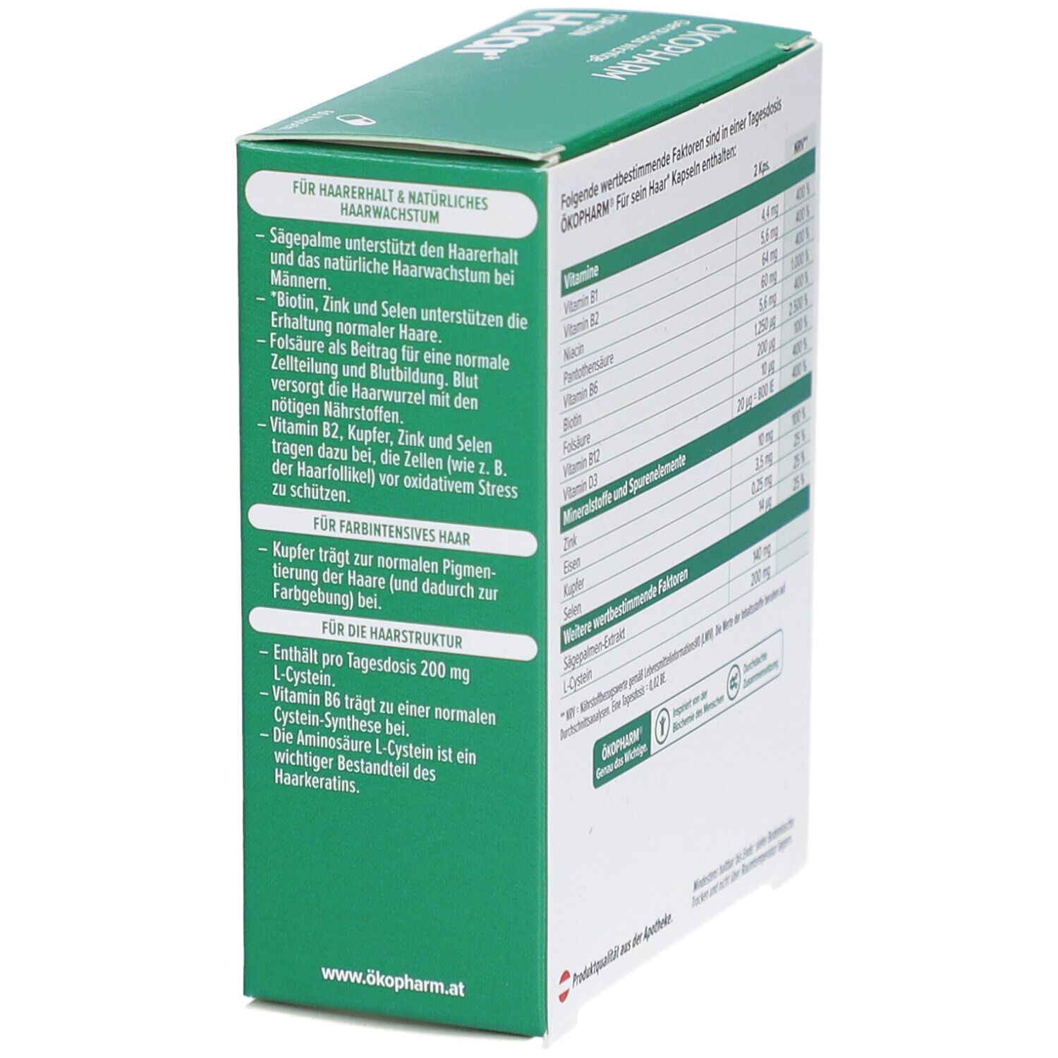 Grüne Schachtel, Text über Inhaltsstoffe und Wirkung. Text: Für sein Haar, Sägepalme, Biotin, Zink, Selen, L-Cystein, Vitamin B6.