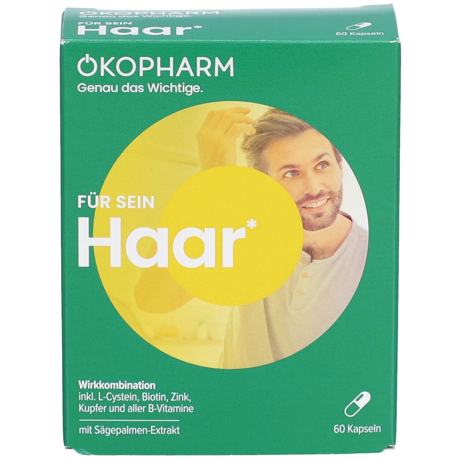 Grüne Schachtel mit Produktnamen und Abbildung eines Mannes. Enthält 60 Kapseln. Text: Für sein Haar, Sägepalmen-Extrakt, Wirkkombination.