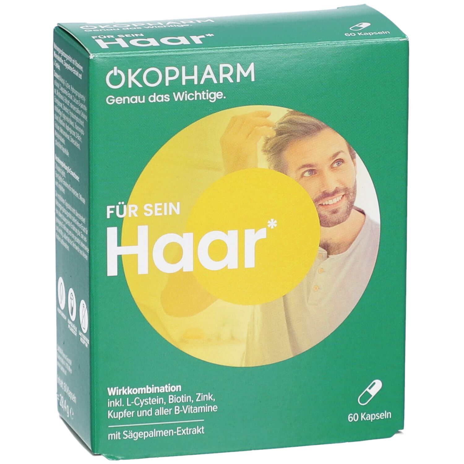 Grüne Schachtel mit Produktnamen und Abbildung eines Mannes. Enthält 60 Kapseln. Text: Für sein Haar, Sägepalmen-Extrakt, Wirkkombination.