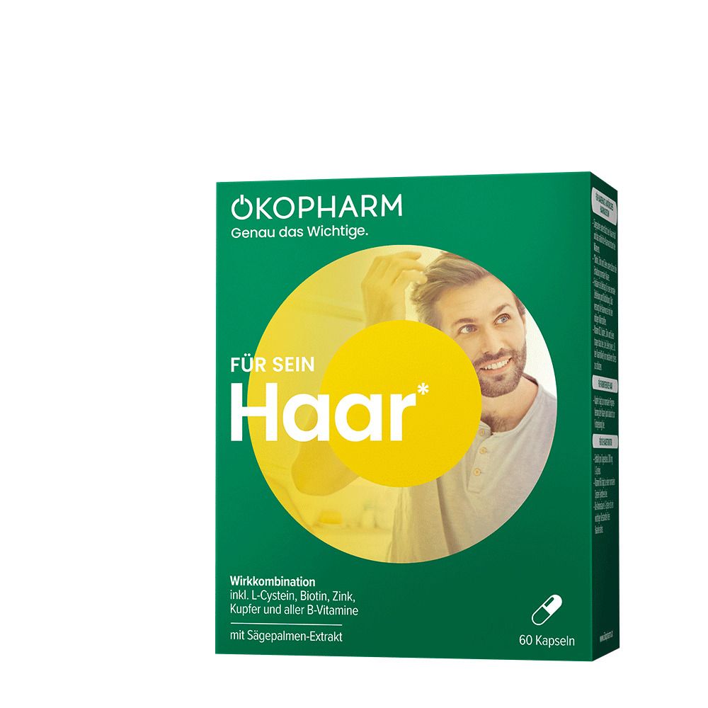 Grüne Schachtel mit Kapseln. Aufschrift: ÖKOPHARM, Für sein Haar. Enthält Sägepalmen-Extrakt, L-Cystein, Biotin, Zink, Kupfer und B-Vitamine.