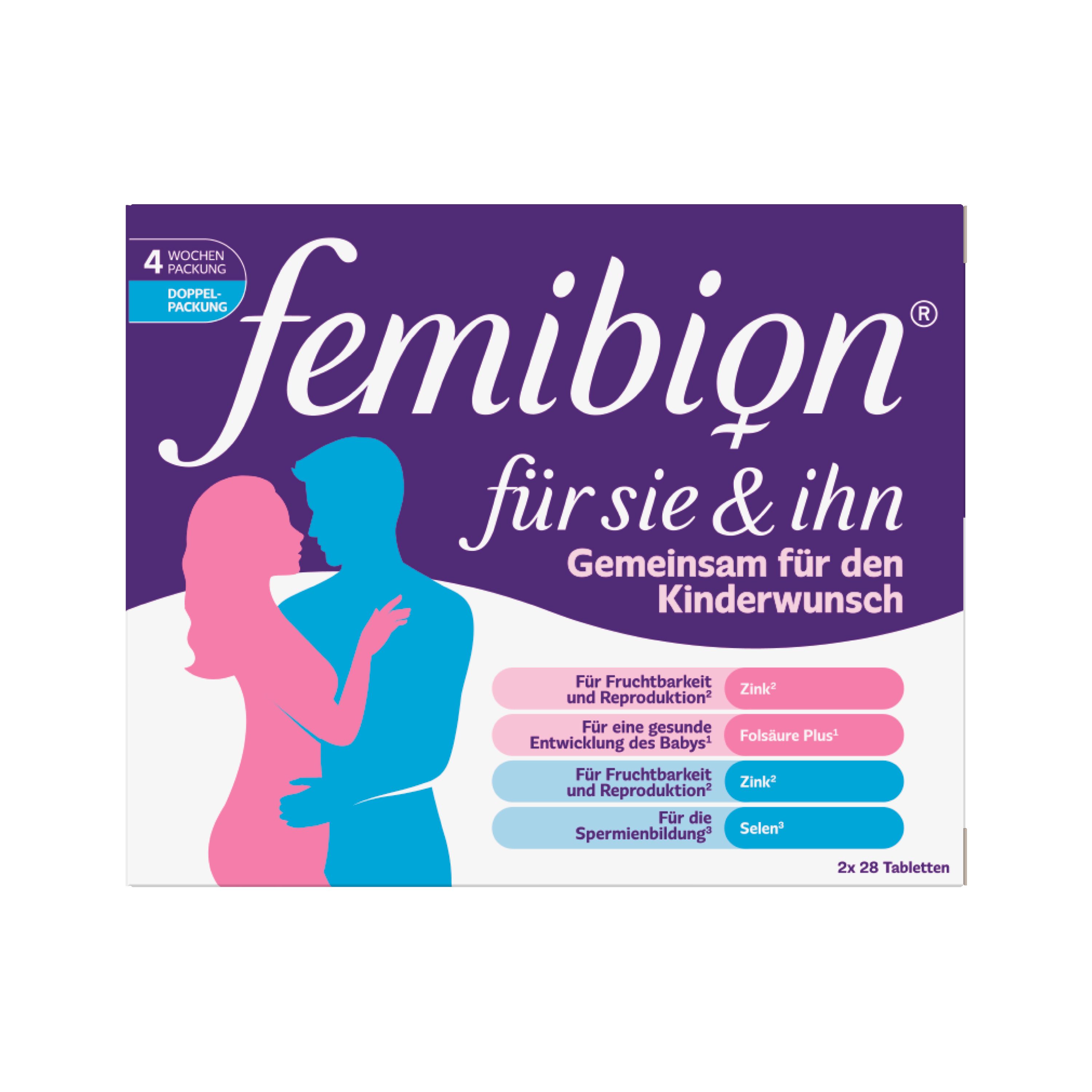 Femibion-Verpackung für Sie & Ihn. Lila-weiße Schachtel mit Produktnamen und Illustration von Mann und Frau.