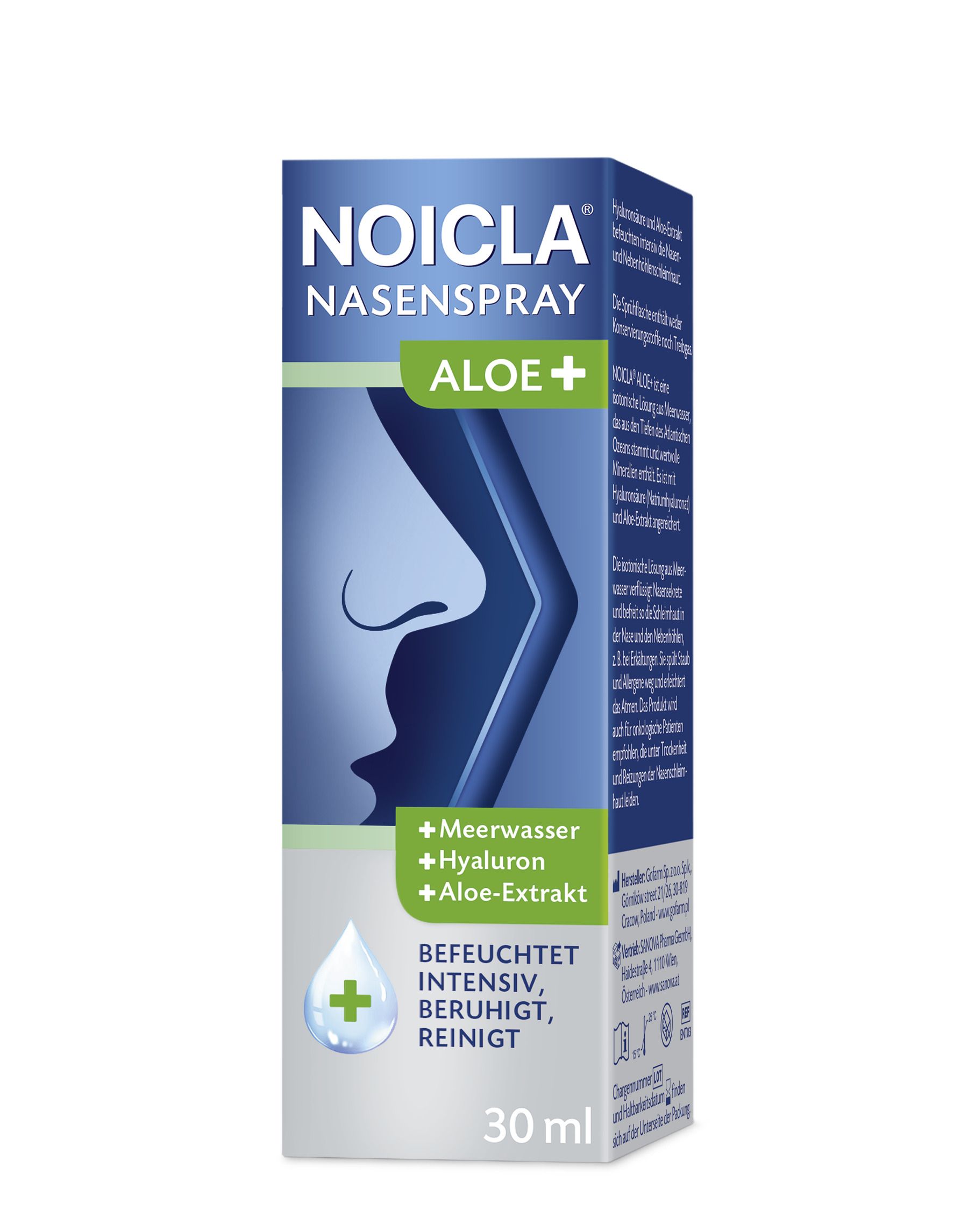 NOICLA Nasenspray ALOE+ in Verpackung. Enthält Meerwasser, Hyaluron, Aloe-Extrakt. Befeuchtet, beruhigt, reinigt.