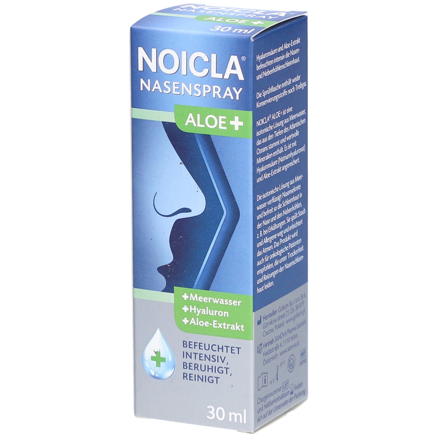 Karton von NOICLA Nasenspray ALOE+. Blaue Verpackung mit Produktnamen, Inhaltsstoffen und einem Nasenprofil.