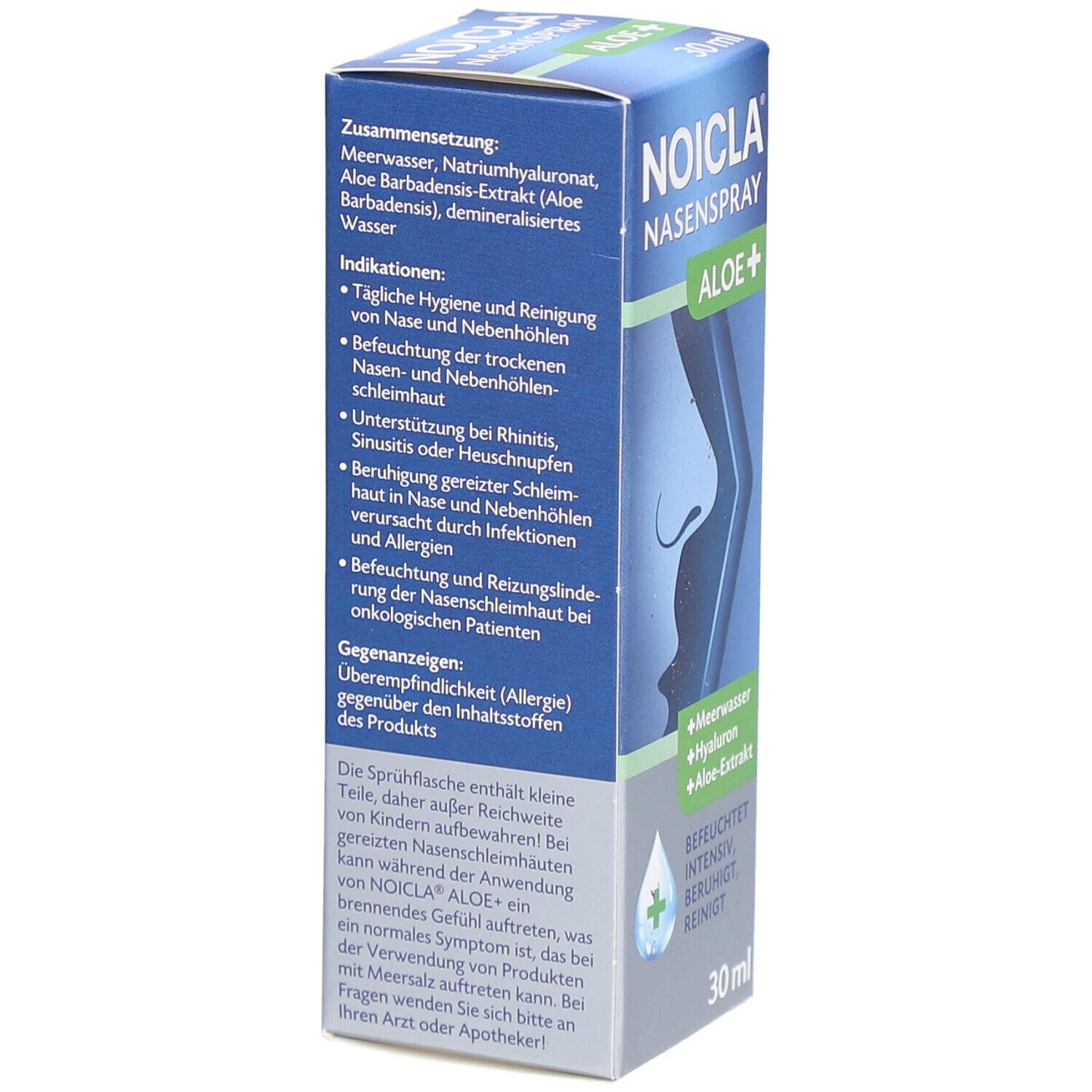 Rückseite der NOICLA Nasenspray ALOE+ Verpackung. Enthält Informationen zu Inhaltsstoffen und Indikationen.