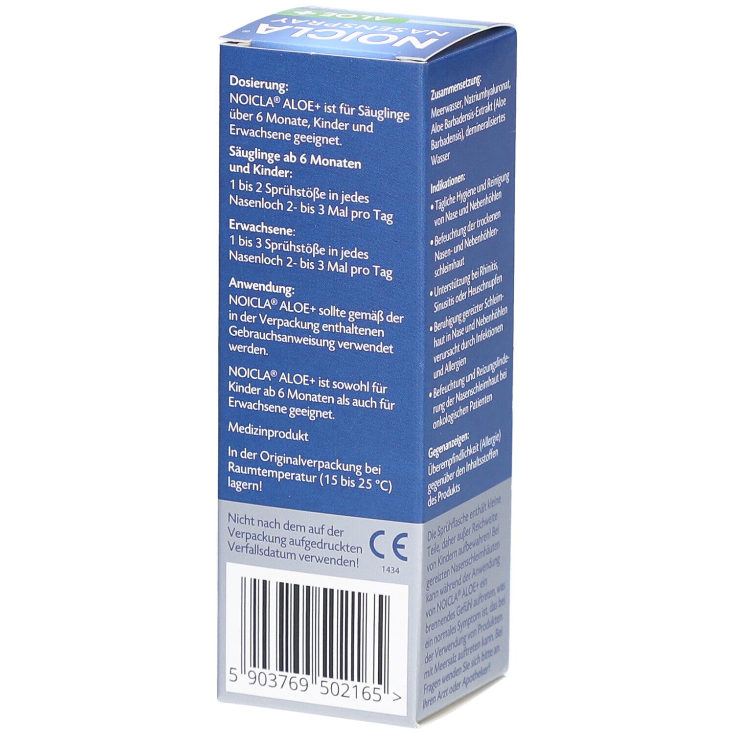 Seite der NOICLA Nasenspray ALOE+ Verpackung. Enthält Informationen zur Dosierung und Anwendung.