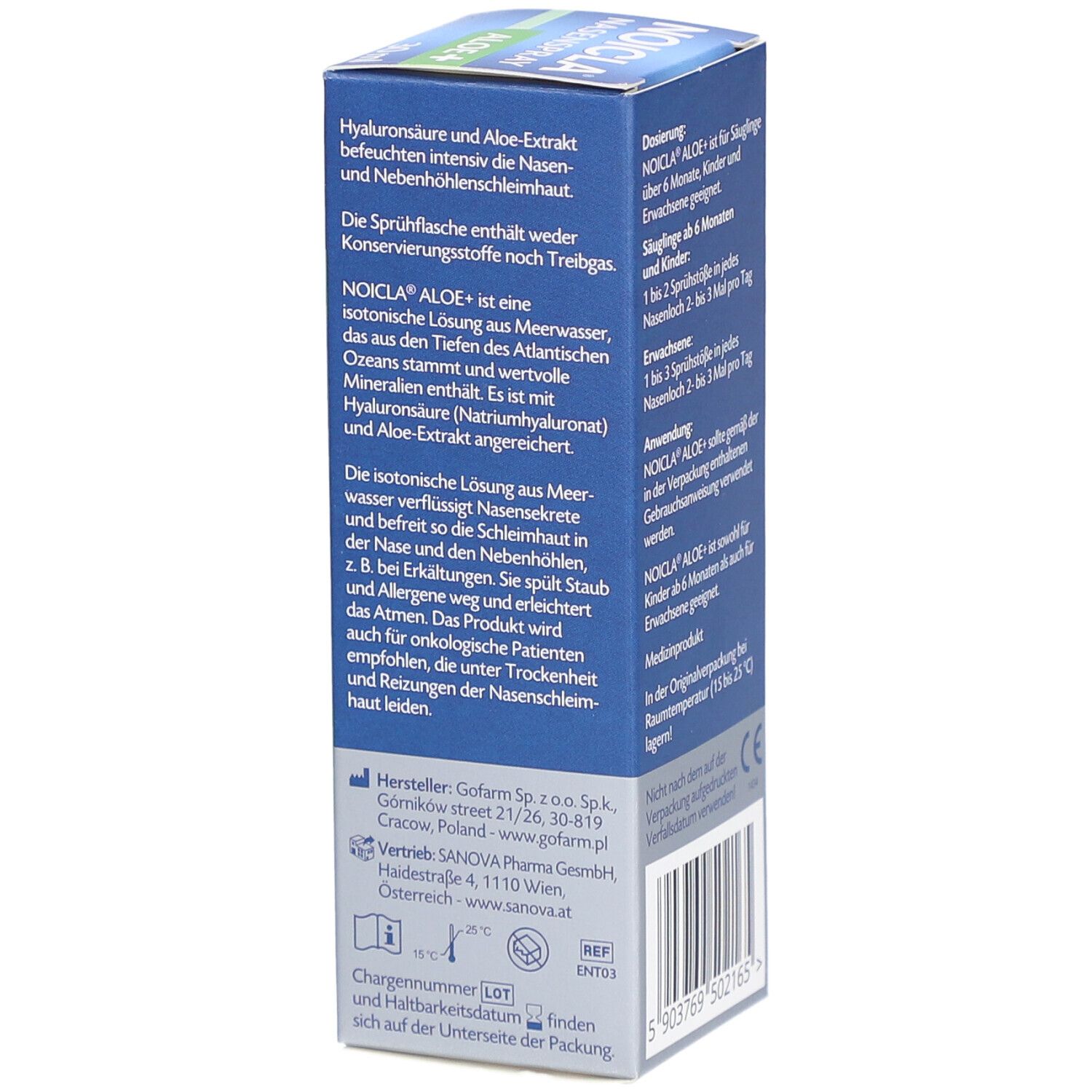 Seite der NOICLA Nasenspray ALOE+ Verpackung. Enthält Informationen zur Zusammensetzung und Hersteller.