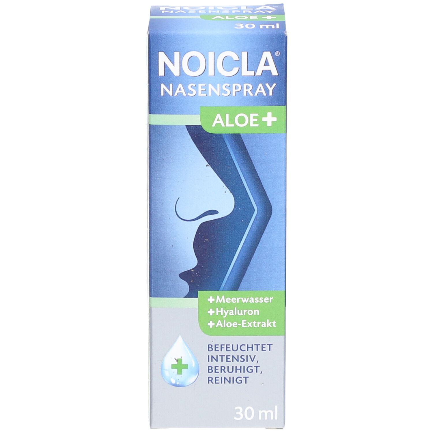 NOICLA Nasenspray ALOE+ Verpackung. Blaue Schachtel mit Produktnamen, Inhaltsstoffen und Nasenprofil.
