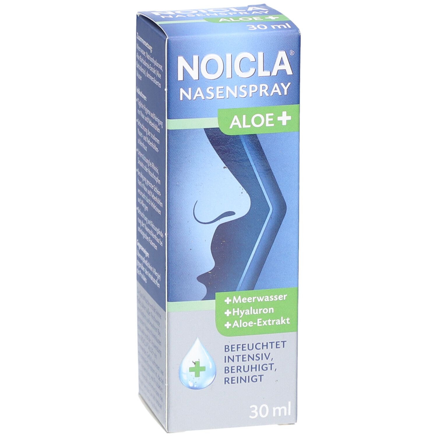 NOICLA Nasenspray ALOE+ Verpackung. Blaue Schachtel mit Produktnamen, Inhaltsstoffen und Nasenprofil.