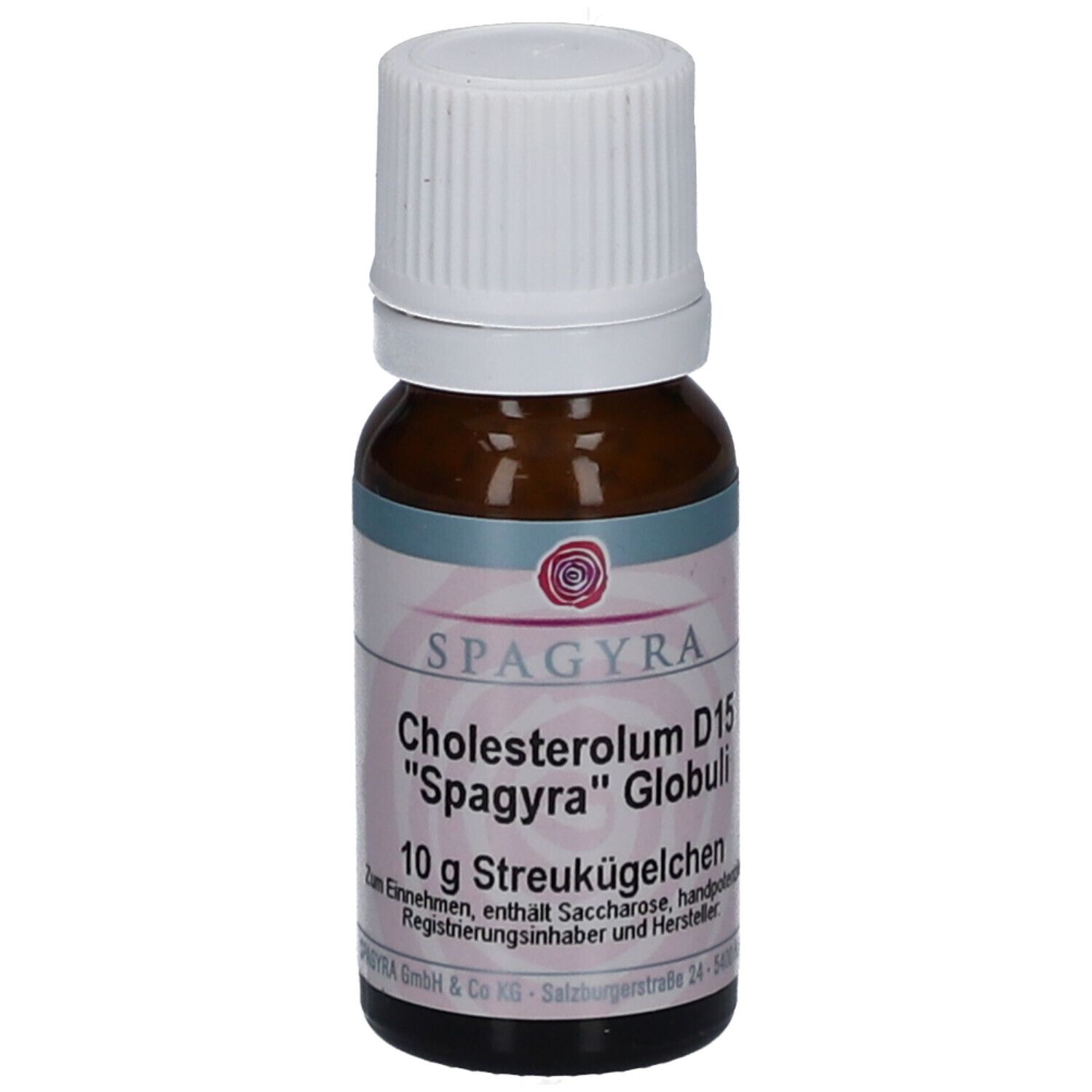 Braune Glasflasche mit weißem Deckel. Etikett mit Produktnamen und Marke SPAGYRA. Inhalt: 10 g Streukügelchen.