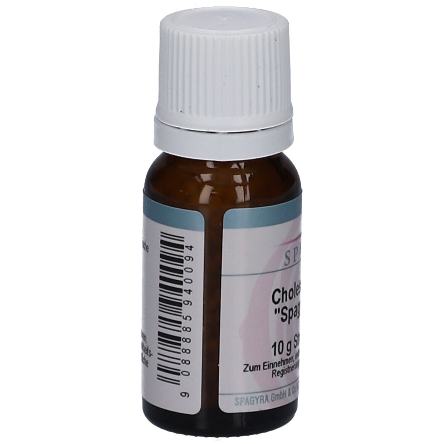 Braune Glasflasche mit weißem Deckel. Etikett mit Barcode und Produktinformationen. Marke SPAGYRA.