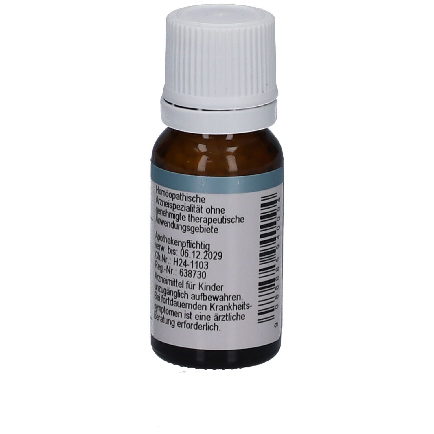 Rückseite einer braunen Glasflasche mit weißem Deckel. Etikett mit Produktinformationen und Herstellerangaben.