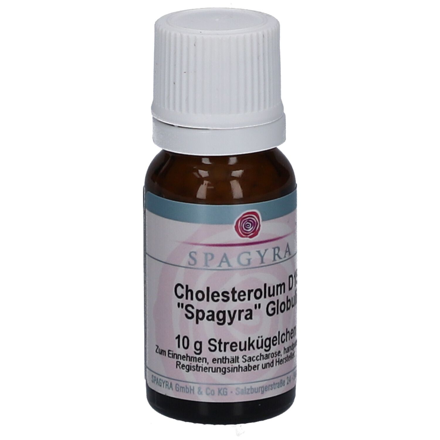 Braune Glasflasche mit weißem Deckel. Etikett mit Produktnamen, Marke SPAGYRA und Inhalt: 10 g Streukügelchen.