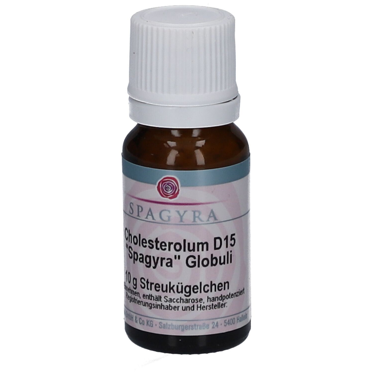 Braune Glasflasche mit weißem Deckel. Etikett mit Produktnamen, Marke SPAGYRA und Inhalt: 10 g Streukügelchen.