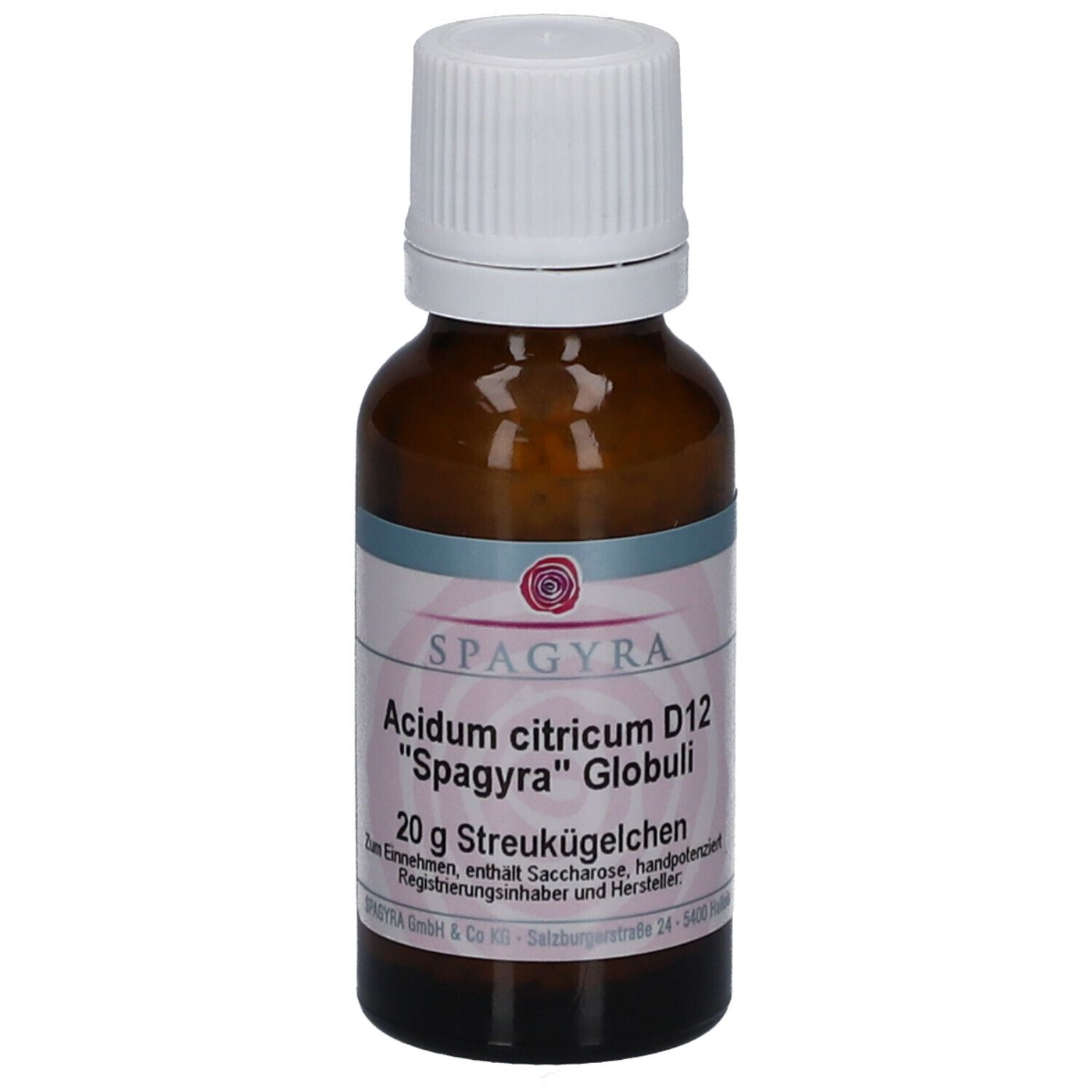 Braune Glasflasche mit weißem Deckel. Etikett mit Produktnamen, Marke Spagyra und Inhaltsangabe. 20g Streukügelchen.