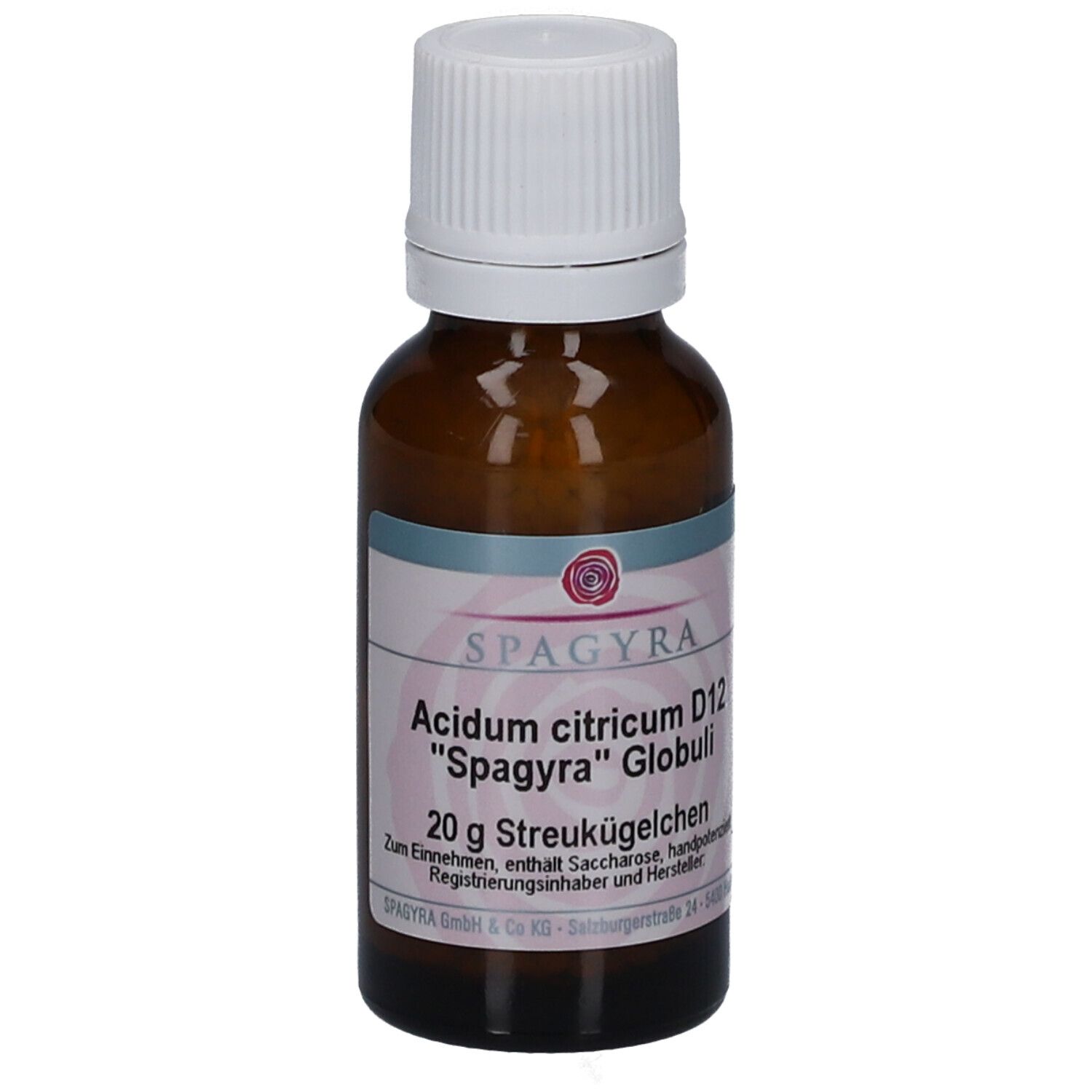 Braune Glasflasche mit weißem Deckel. Etikett mit Produktnamen, Marke Spagyra und Inhaltsangabe. 20g Streukügelchen.