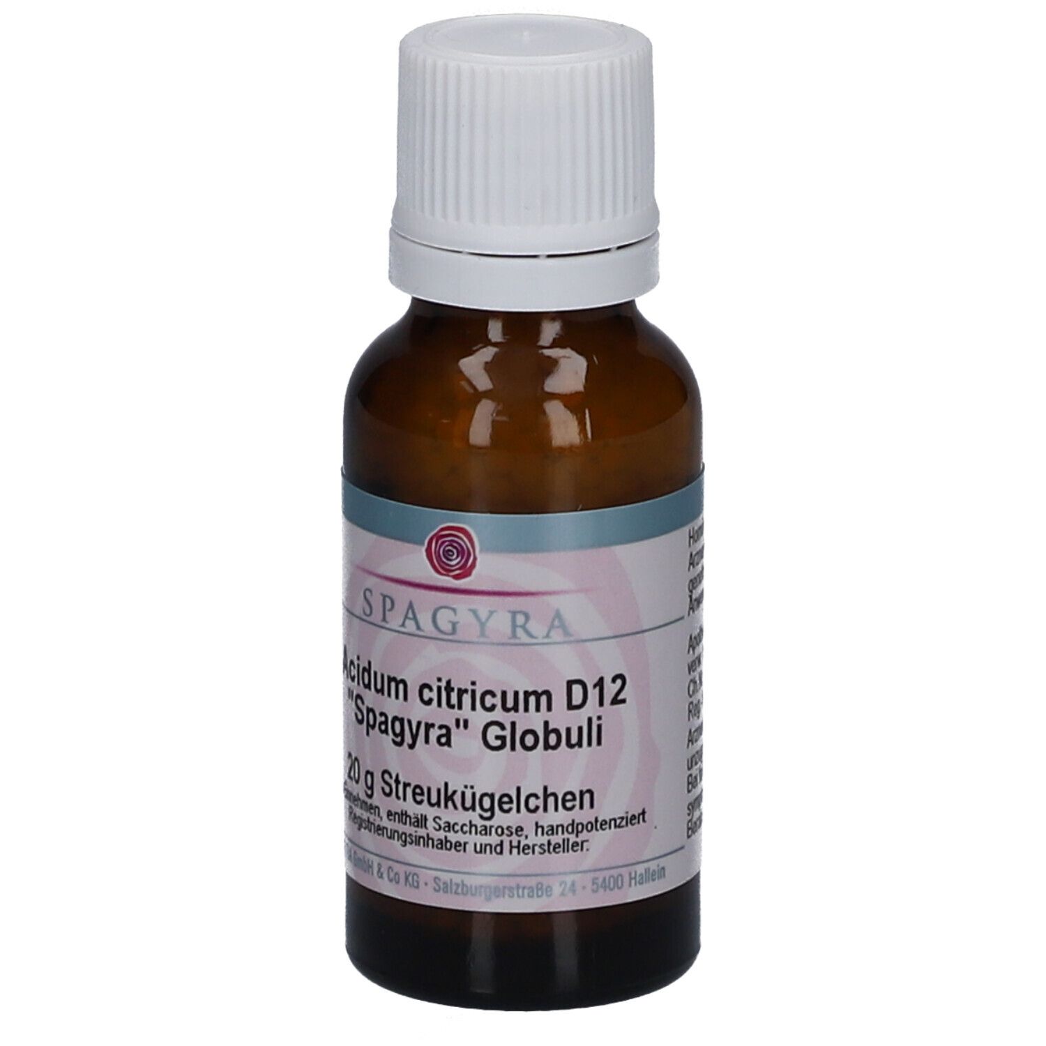 Braune Glasflasche mit weißem Deckel. Etikett mit Produktnamen, Marke Spagyra und Inhaltsangabe. 20g Streukügelchen.