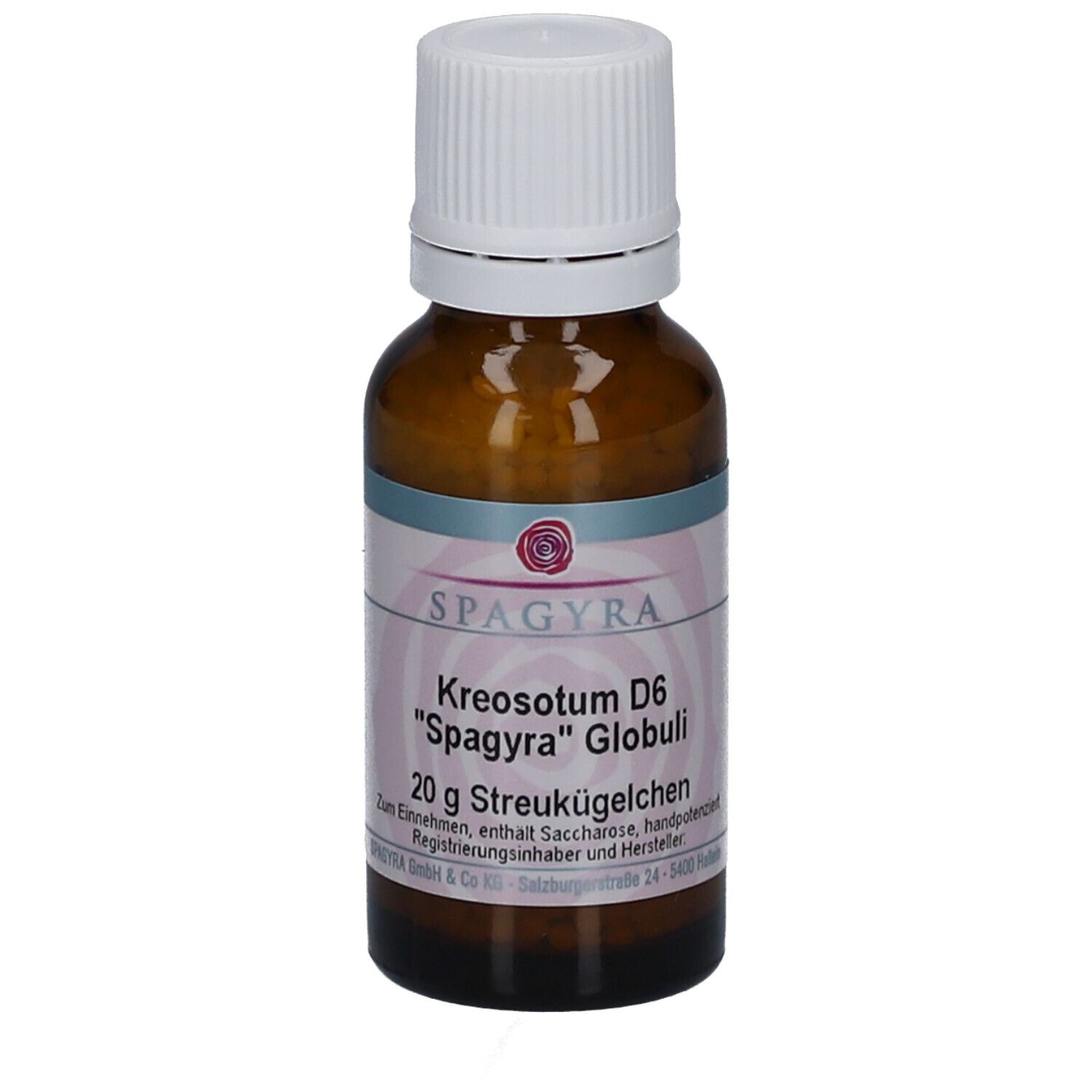 Braune Glasflasche mit weißem Deckel. Etikett mit Produktnamen und Marke SPAGYRA. Inhalt: 20 g Streukügelchen.