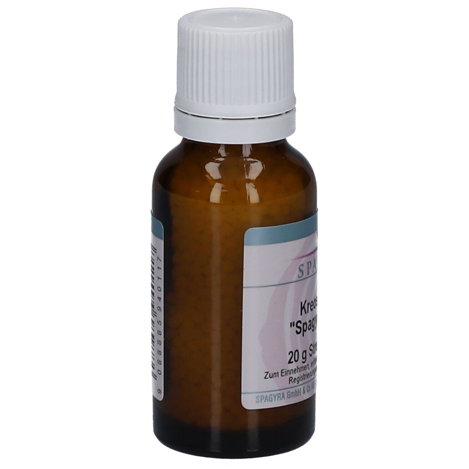 Braune Glasflasche mit weißem Deckel. Etikett mit Produktinformationen und Barcode. Marke SPAGYRA.