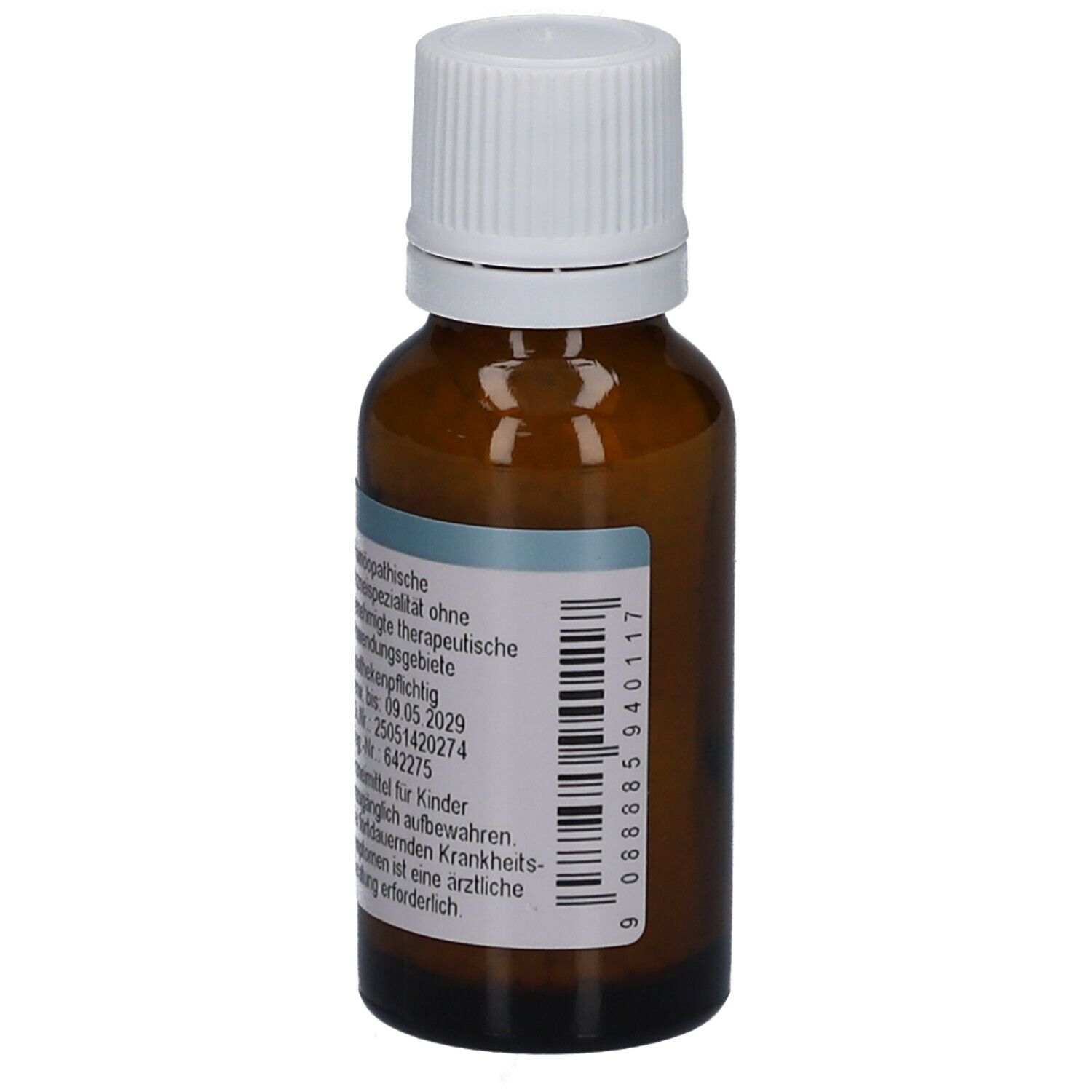 Braune Glasflasche mit weißem Deckel. Etikett mit Produktinformationen, Barcode und Verfallsdatum. Marke SPAGYRA.