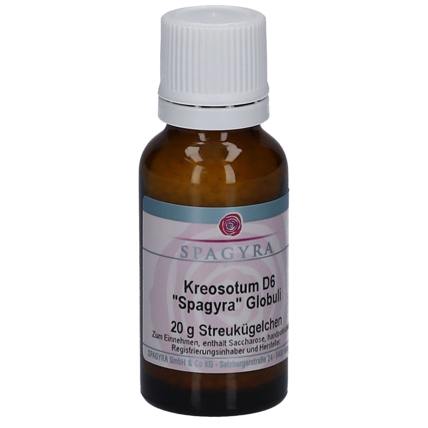Braune Glasflasche mit weißem Deckel. Etikett mit Produktnamen und Marke SPAGYRA. Inhalt: 20 g Streukügelchen.