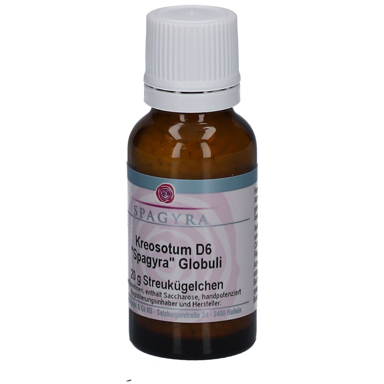 Braune Glasflasche mit weißem Deckel. Etikett mit Produktnamen und Marke SPAGYRA. Inhalt: 20 g Streukügelchen.