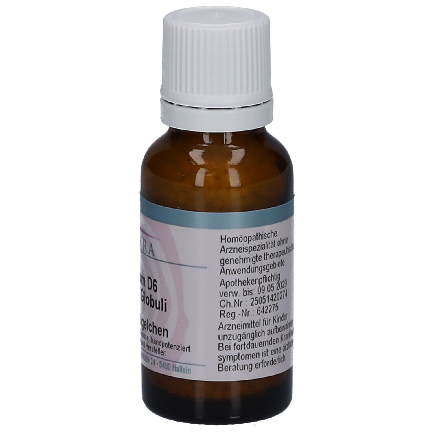 Braune Glasflasche mit weißem Deckel. Etikett mit Produktinformationen und Verfallsdatum. Marke SPAGYRA.