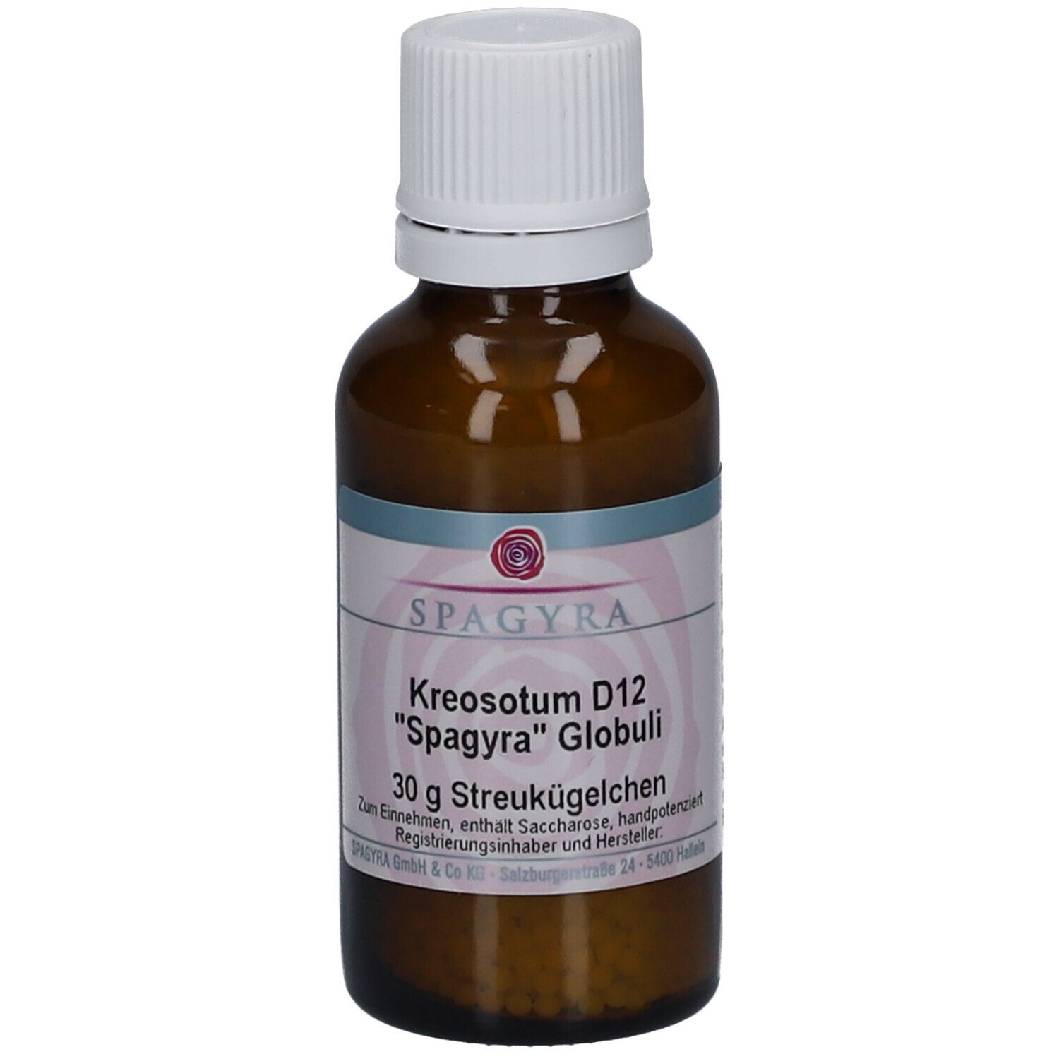 Braune Glasflasche mit weißem Deckel. Etikett mit Produktnamen und Marke Spagyra. Enthält Streukügelchen.