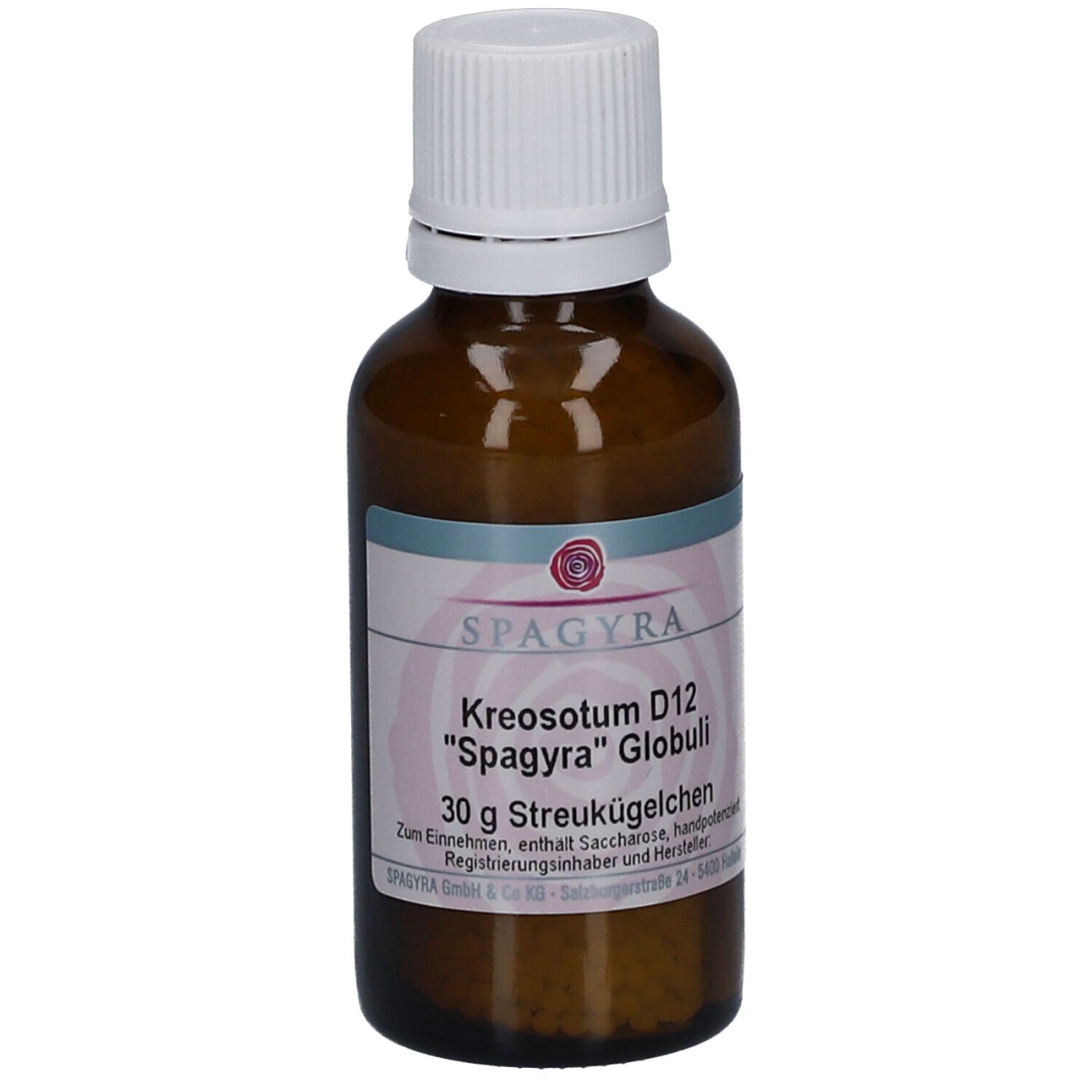 Braune Glasflasche mit weißem Deckel. Etikett mit Produktnamen und Marke Spagyra. Enthält Streukügelchen.