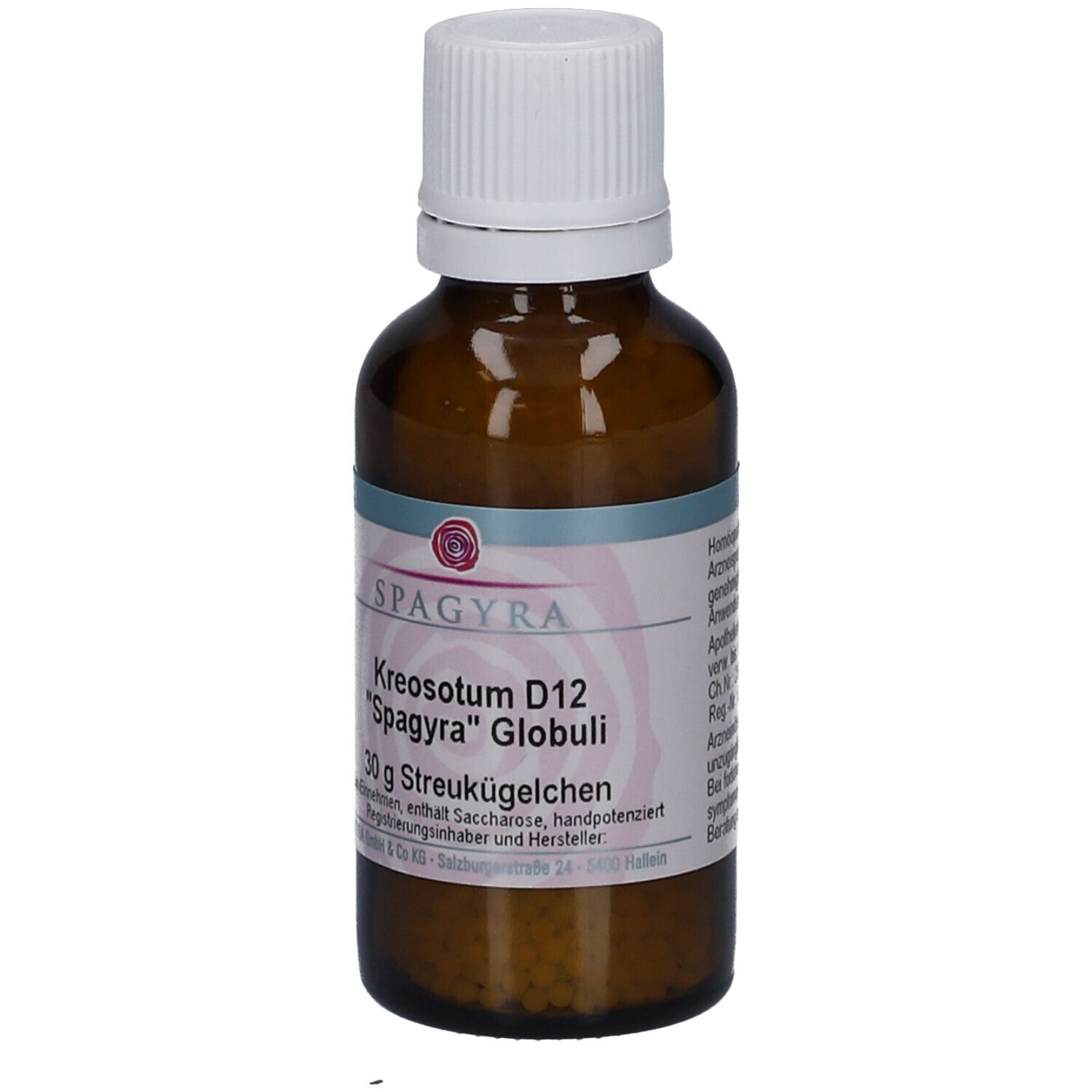 Braune Glasflasche mit weißem Deckel. Etikett mit Produktnamen und Marke Spagyra. 30g Streukügelchen.