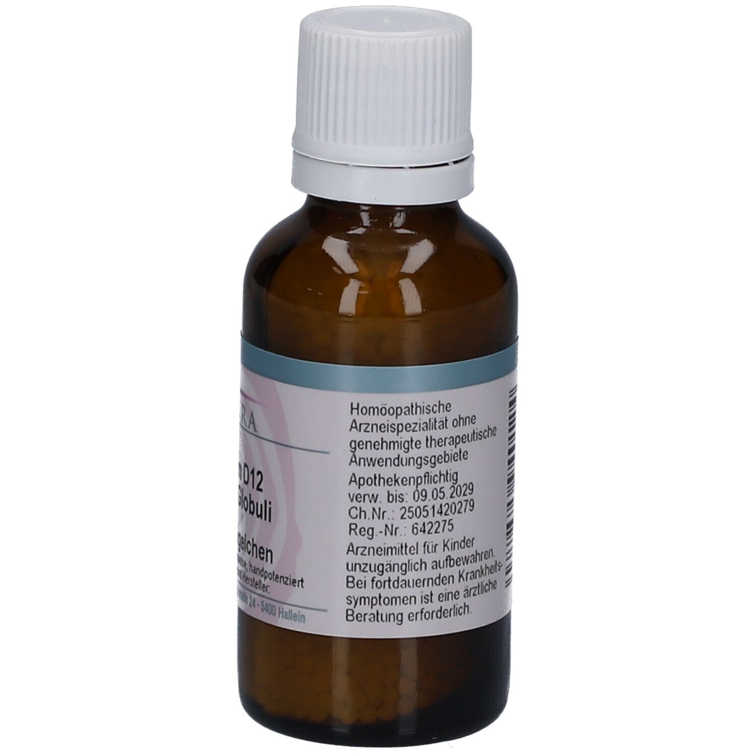 Braune Glasflasche mit weißem Deckel. Etikett mit Produktinformationen und Barcode. Rückansicht.