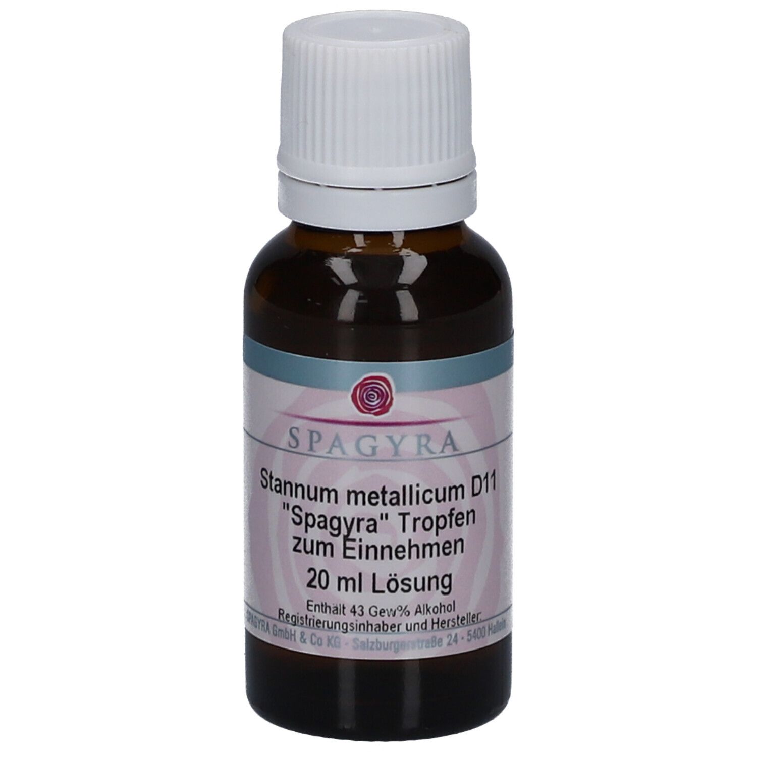 Braune Glasflasche mit weißem Schraubverschluss. Etikett mit Produktinformationen: Spagyra Stannum metallicum D11 Tropfen, 20 ml Lösung.