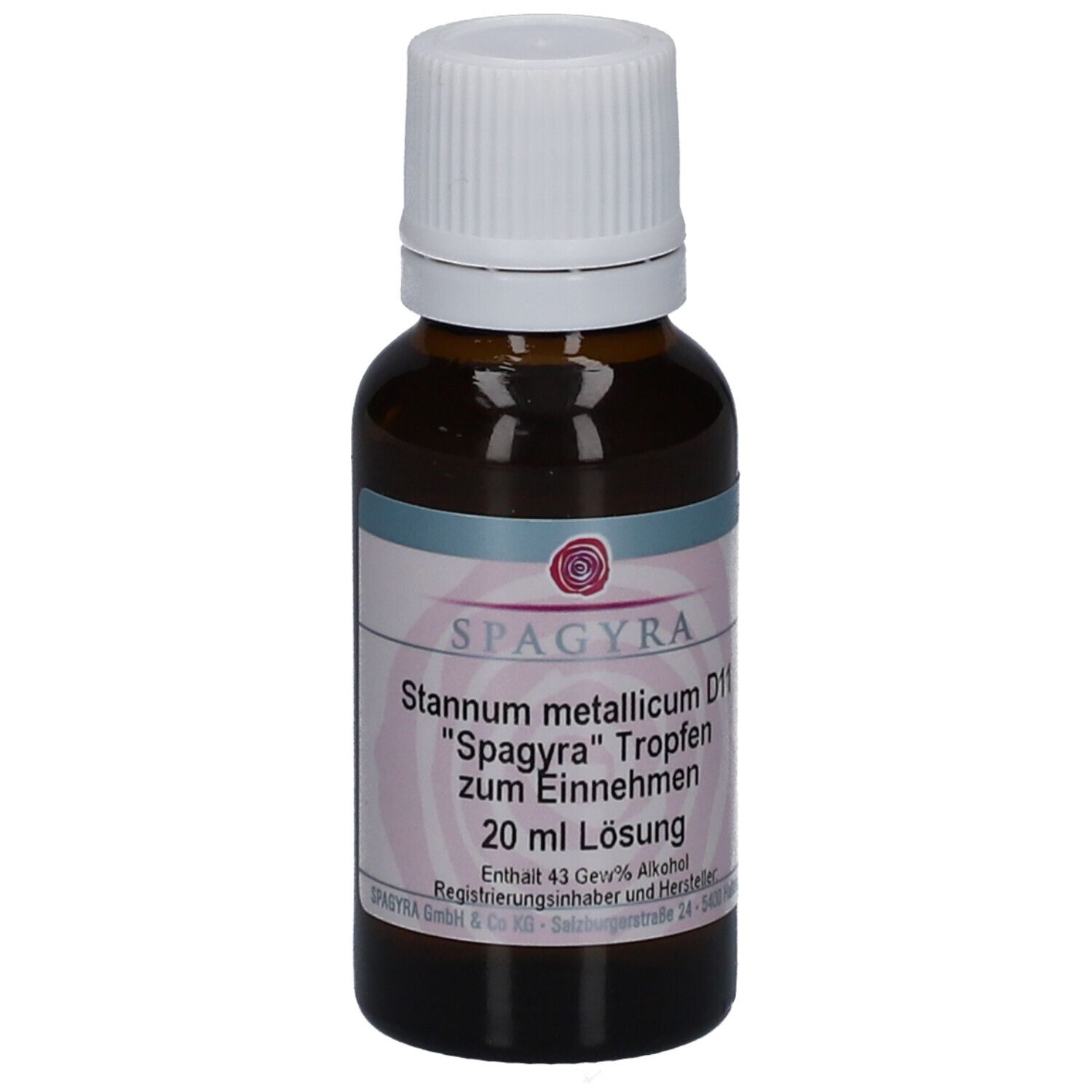 Braune Glasflasche mit weißem Schraubverschluss. Etikett mit Produktinformationen: Spagyra Stannum metallicum D11 Tropfen, 20 ml Lösung.
