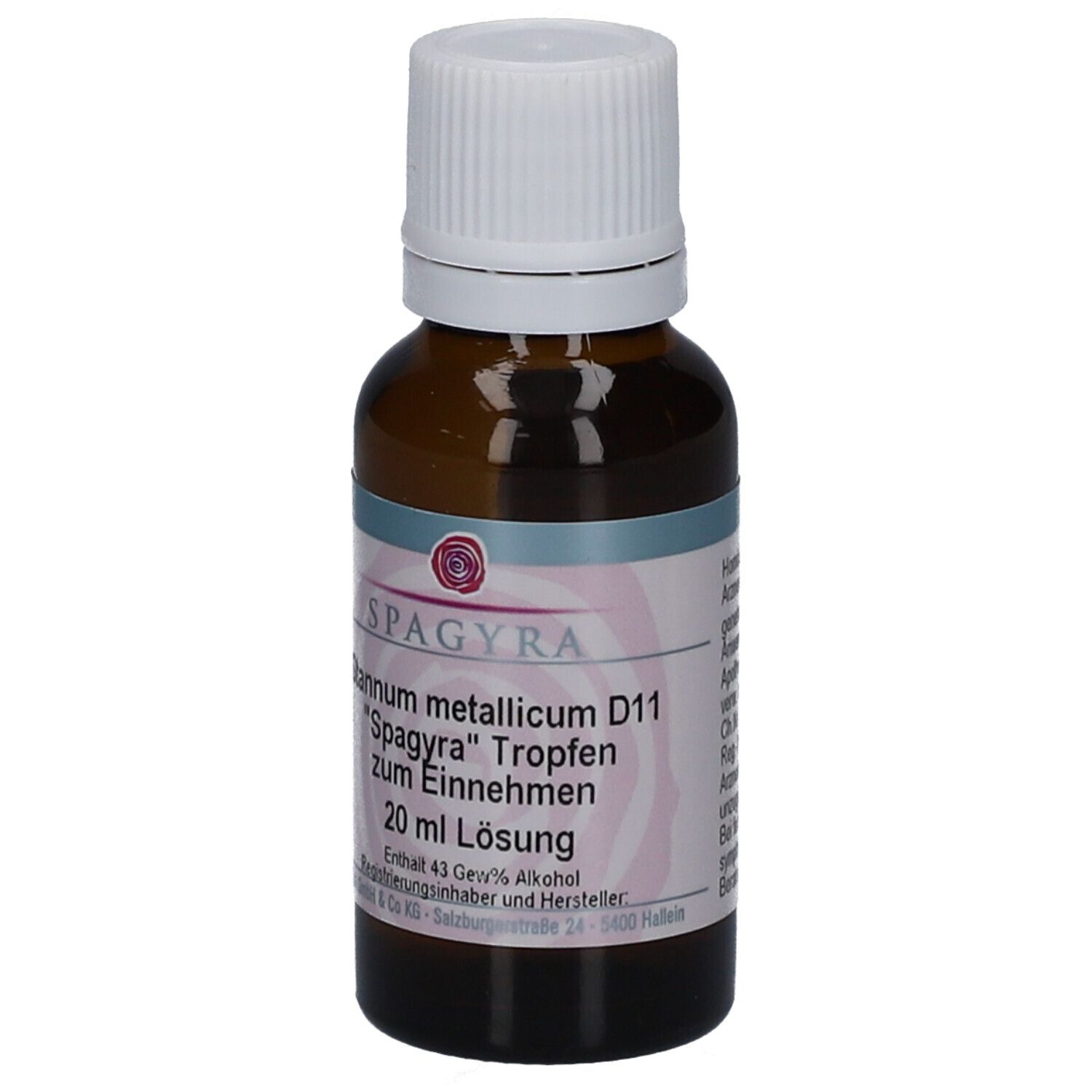 Braune Glasflasche mit weißem Schraubverschluss. Etikett mit Produktinformationen: Spagyra Stannum metallicum D11 Tropfen, 20 ml Lösung.