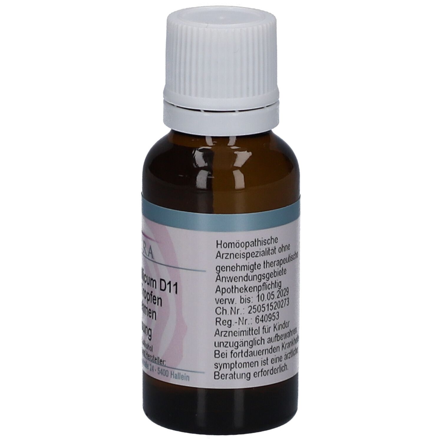 Braune Glasflasche mit weißem Schraubverschluss. Etikett mit Text: Homöopathische Arzneimittel, Apothekenpflichtig, Ch.-Nr., Verfallsdatum.