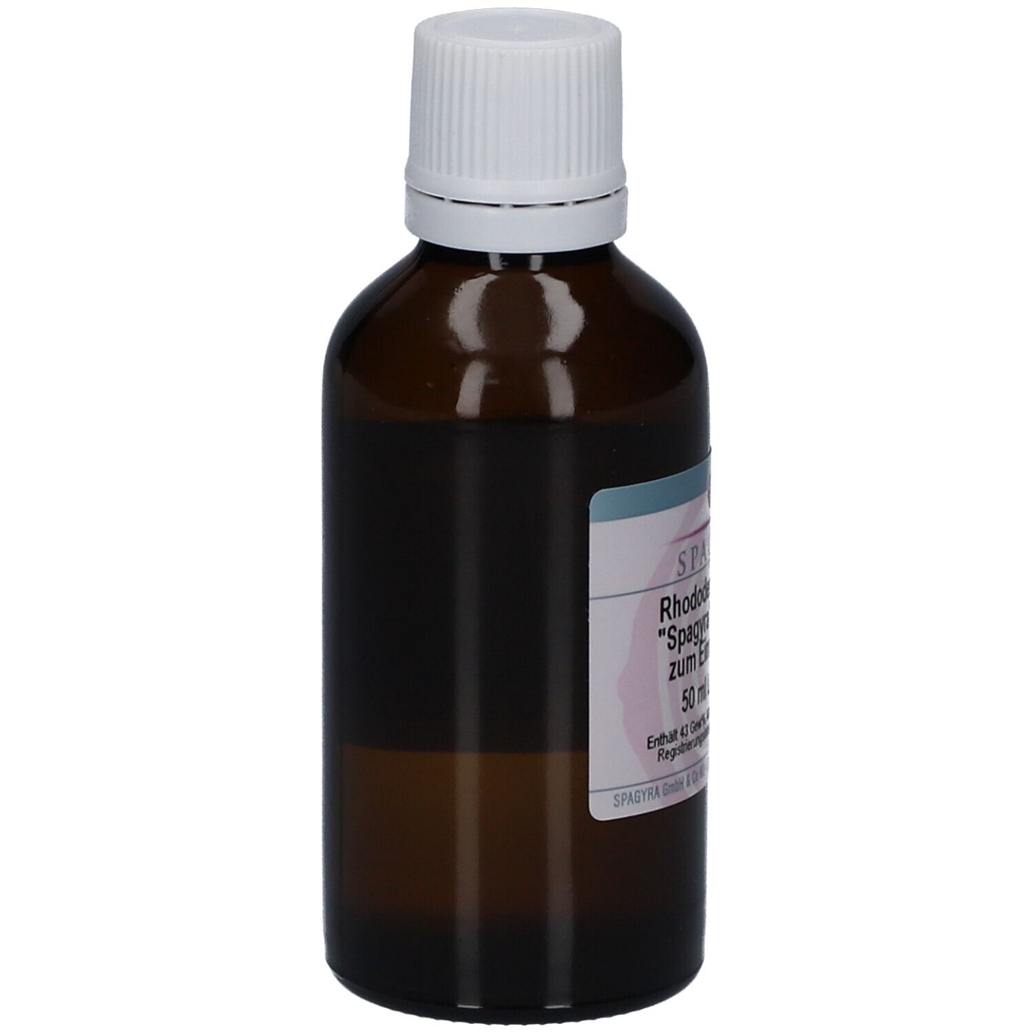 Braune Glasflasche mit weißem Deckel. Seitenansicht. Etikett teilweise sichtbar.