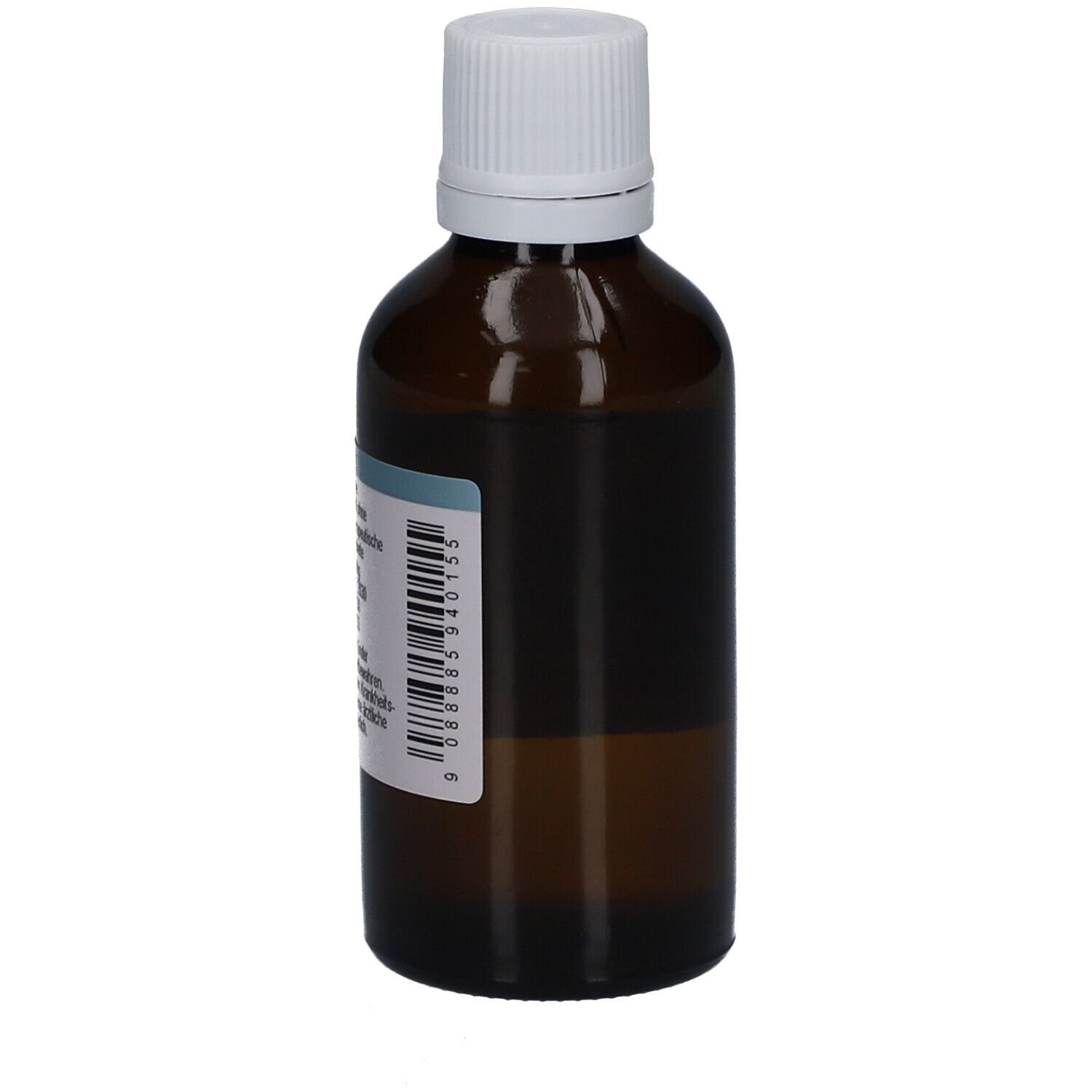 Braune Glasflasche mit weißem Deckel. Etikett mit Barcode und Text.