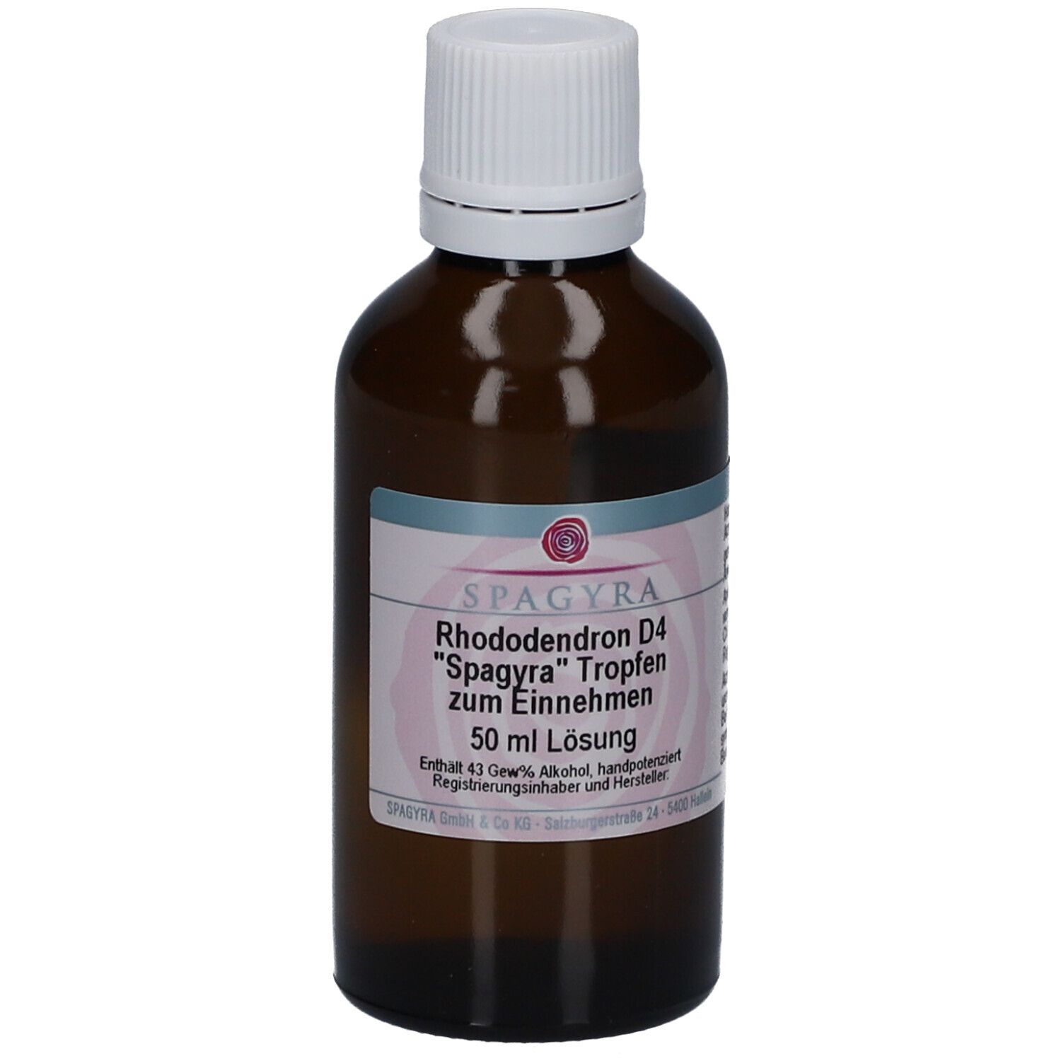 Braune Glasflasche mit weißem Deckel. Etikett mit Produktnamen und Marke Spagyra. Tropfen zum Einnehmen.