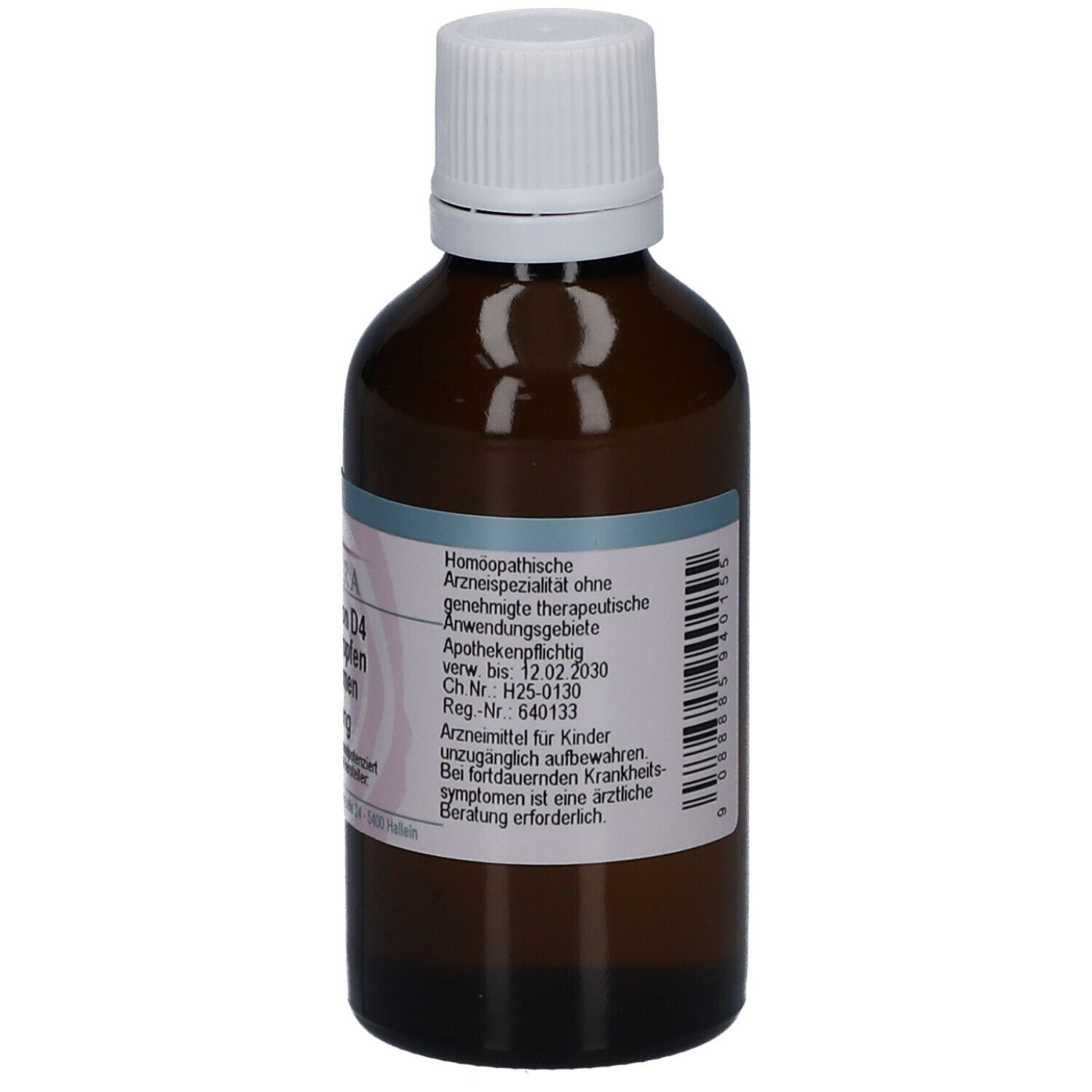 Braune Glasflasche mit weißem Deckel. Etikett mit Text, Homöopathie-Hinweis und Verfallsdatum.