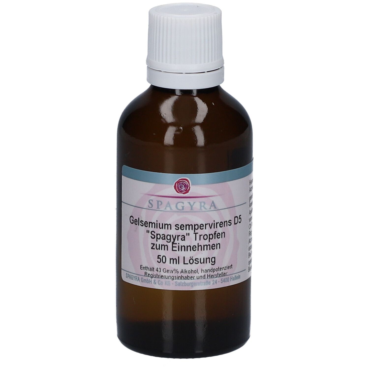 Braune Glasflasche mit weißem Deckel. Etikett mit Produktinformationen: SPAGYRA Gelsemium sempervirens D5 Tropfen.