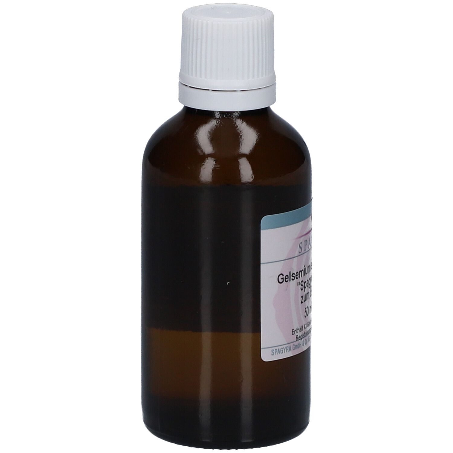 Braune Glasflasche mit weißem Deckel. Etikett mit Produktinformationen, teilweise verdeckt.