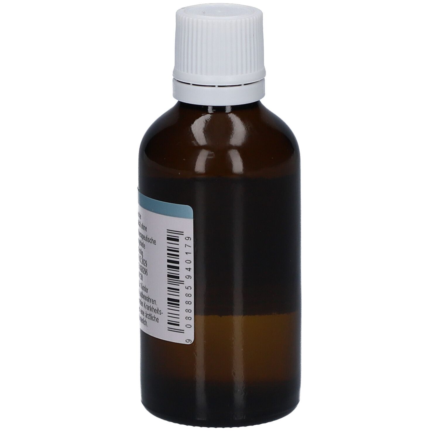 Braune Glasflasche mit weißem Deckel. Etikett mit Produktinformationen und Barcode.