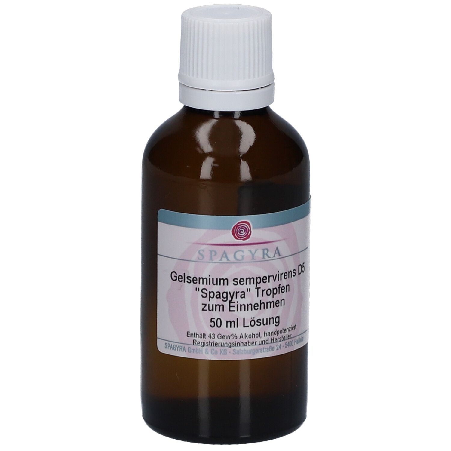 Braune Glasflasche mit weißem Deckel. Etikett mit Produktinformationen: SPAGYRA Gelsemium sempervirens D5 Tropfen.