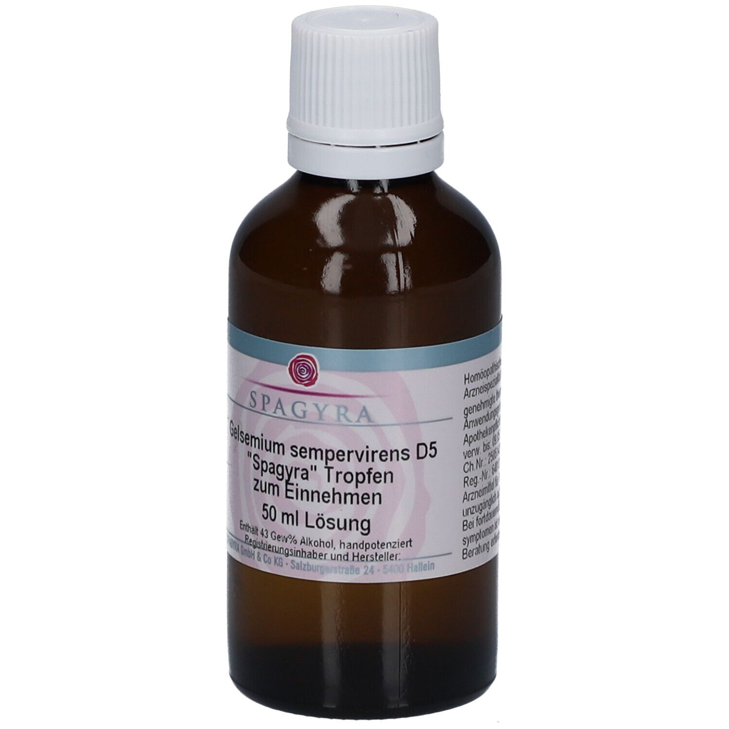 Braune Glasflasche mit weißem Deckel. Etikett mit Produktinformationen: SPAGYRA Gelsemium sempervirens D5 Tropfen.