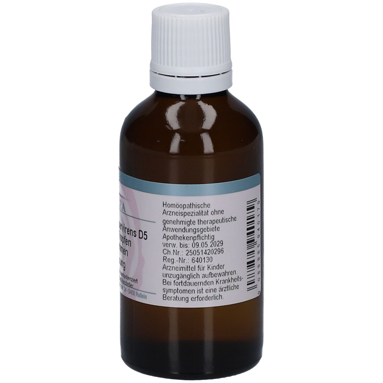 Braune Glasflasche mit weißem Deckel. Etikett mit Produktinformationen, Homöopathisches Arzneimittel.