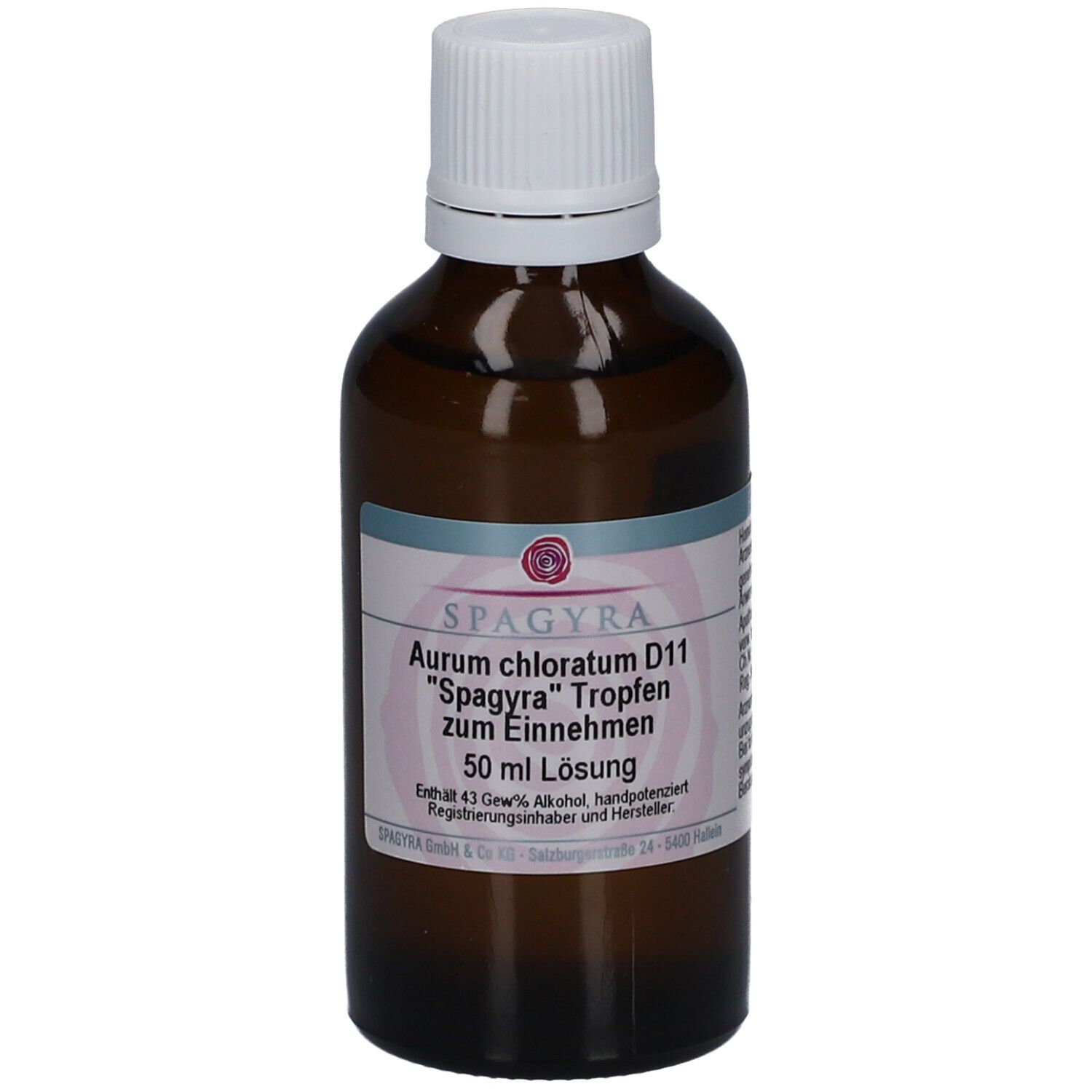 Braune Glasflasche mit weißem Schraubverschluss. Etikett mit Produktinformationen: SPAGYRA Aurum chloratum D11 Tropfen zum Einnehmen.