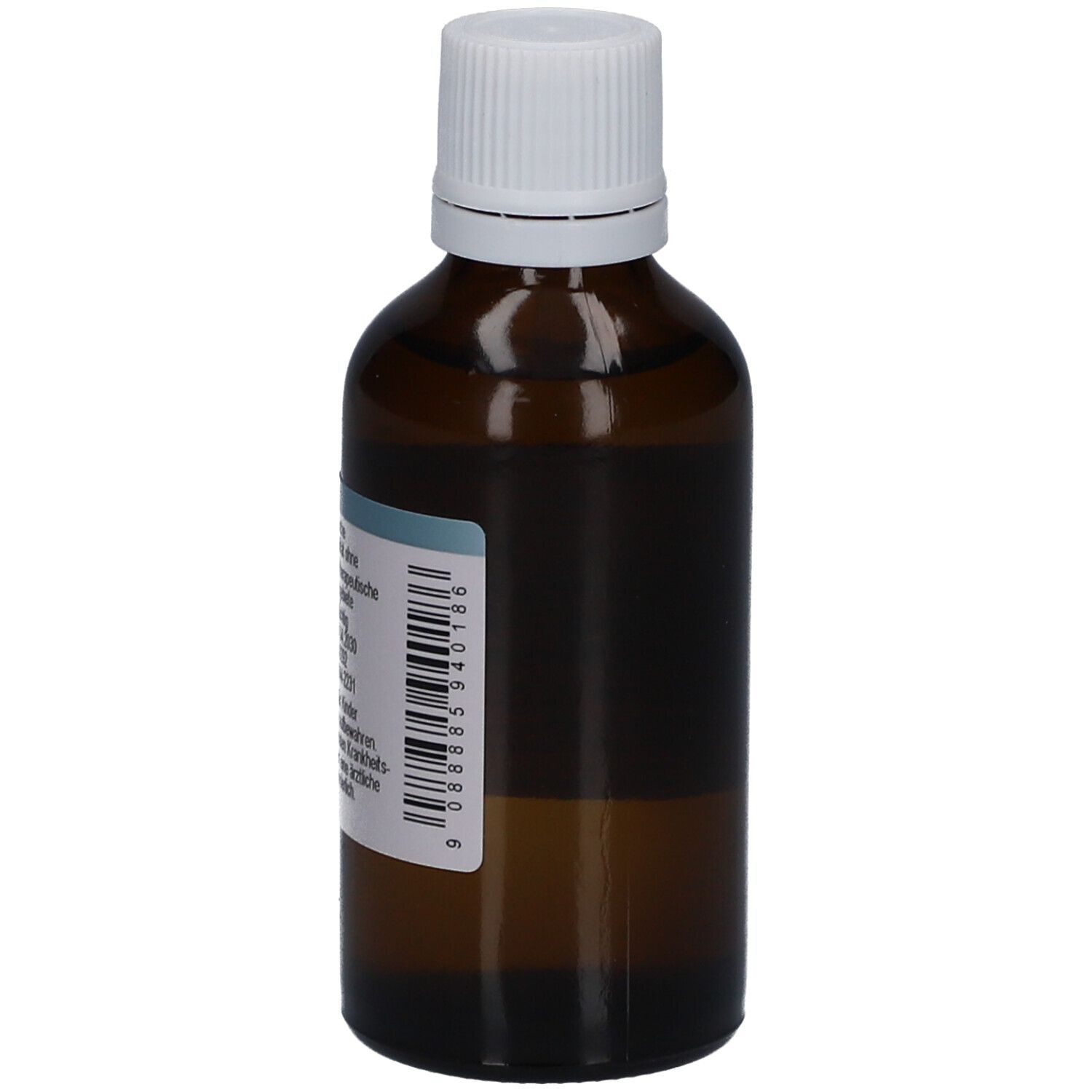 Braune Glasflasche mit weißem Schraubverschluss. Etikett mit Barcode und Produktinformationen. Flasche steht aufrecht.