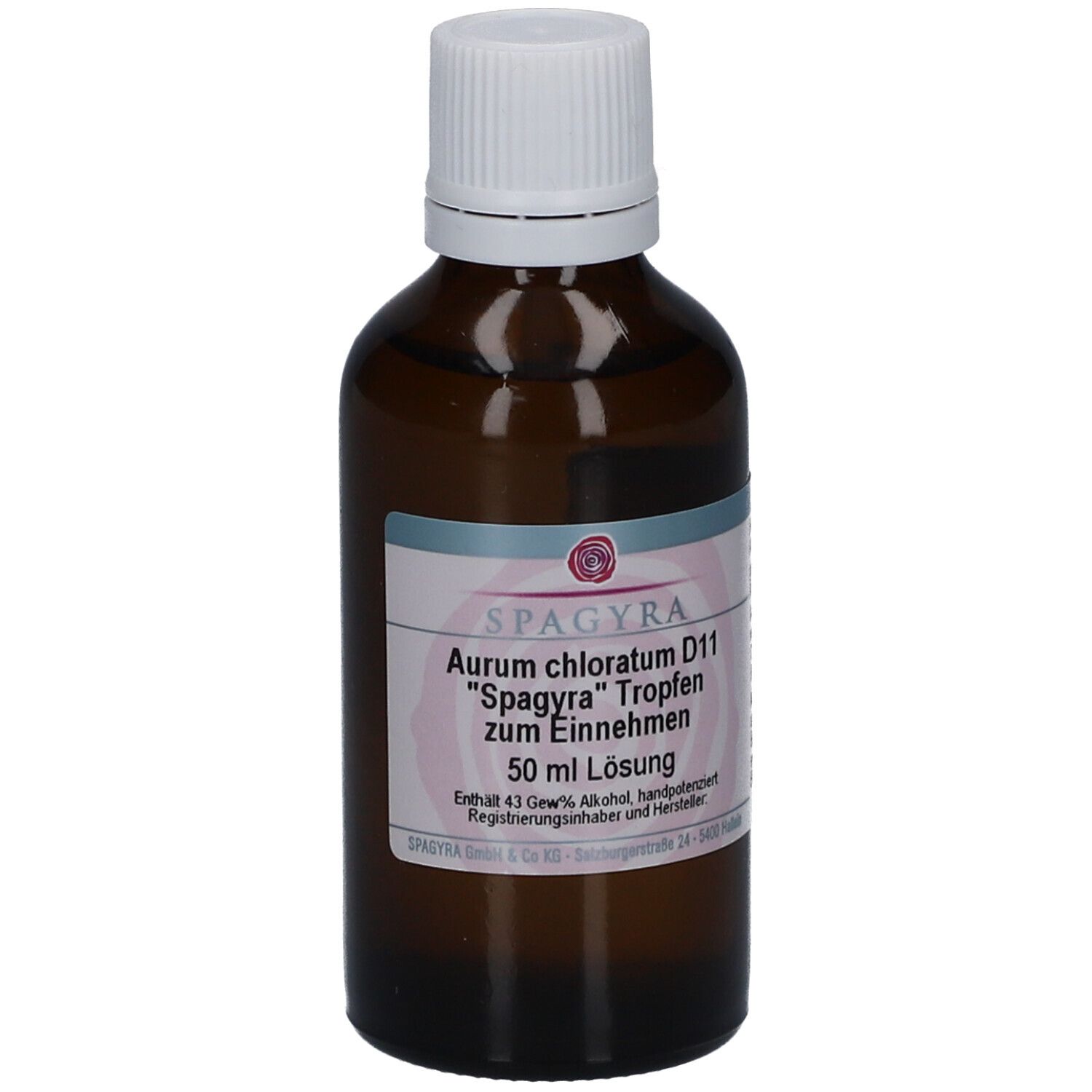 Braune Glasflasche mit weißem Schraubverschluss. Etikett mit Produktinformationen: SPAGYRA Aurum chloratum D11 Tropfen zum Einnehmen. 50 ml Lösung.